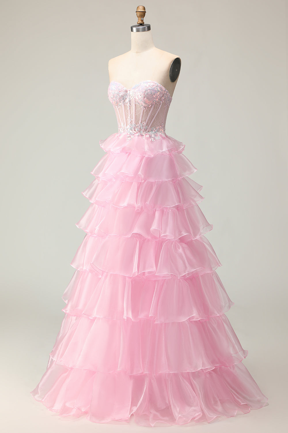 Sparkly Pink A-Line Strapless Long Corset Prom Dress with Ruffles