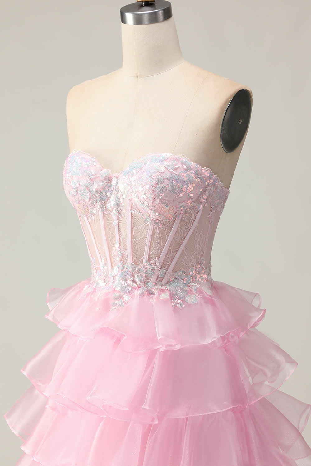 Sparkly Pink A-Line Strapless Long Corset Prom Dress with Ruffles