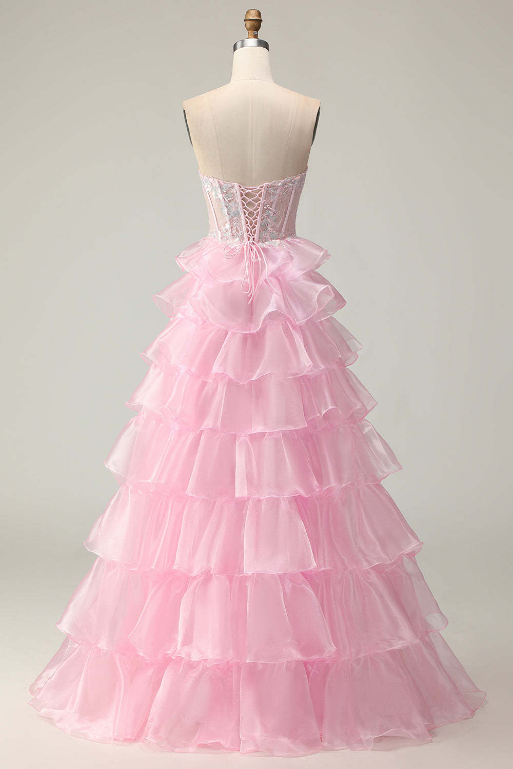 Sparkly Pink A-Line Strapless Long Corset Prom Dress with Ruffles