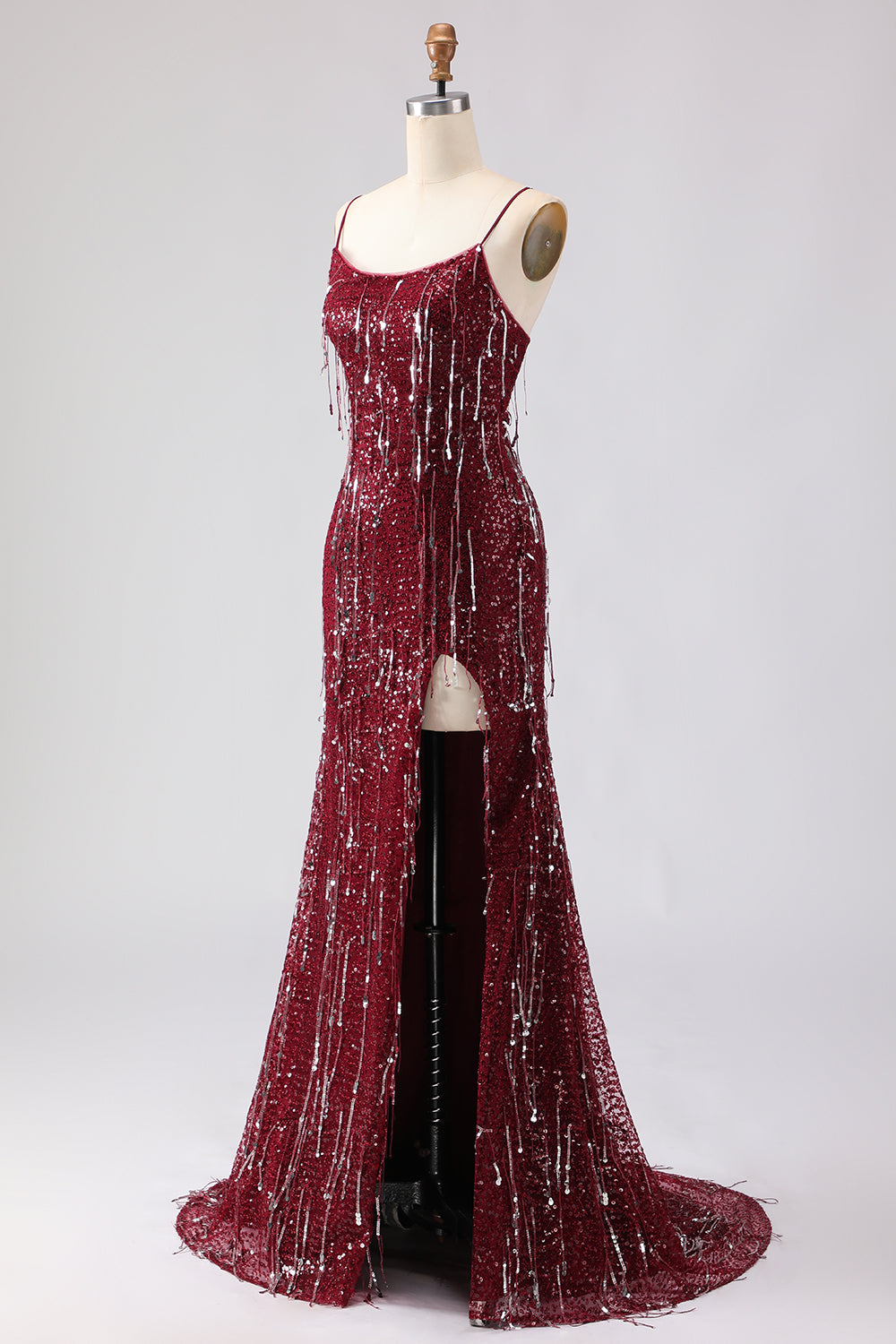 Sparkly Burgundy Sequins Long Mermaid Prom Dress with Slit