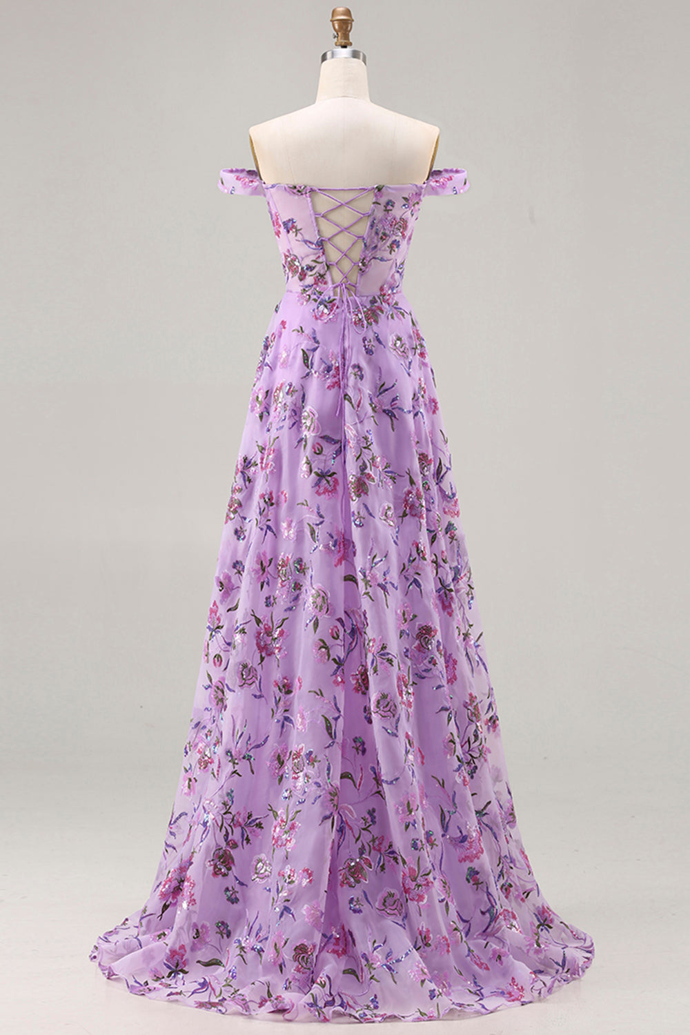 Floral Purple A Line Off the Shoulder Long Tulle Prom Dress with Slit