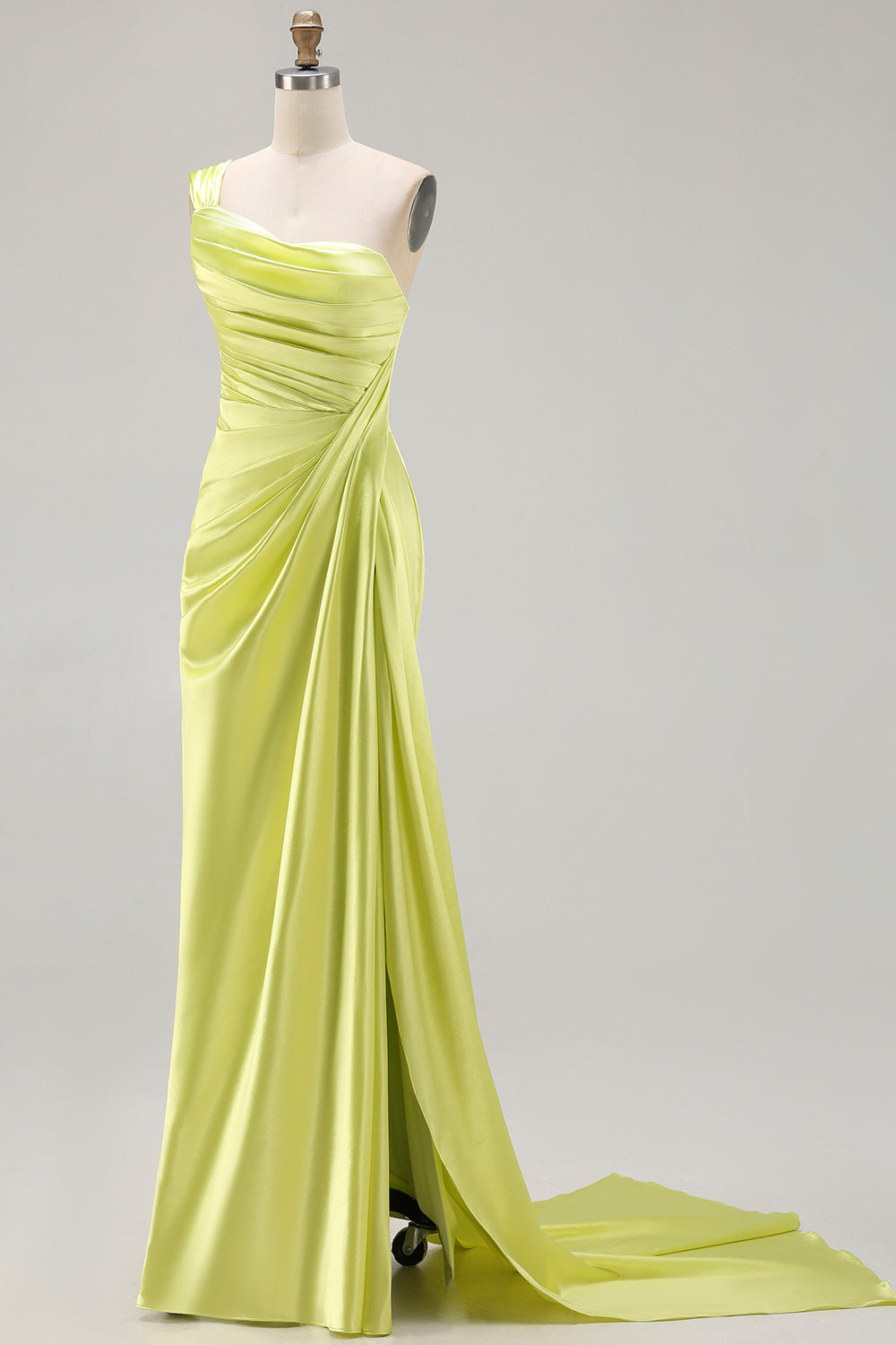 Elegant Green Sheath One Shoulder Ruched Long Prom Dress with Slit