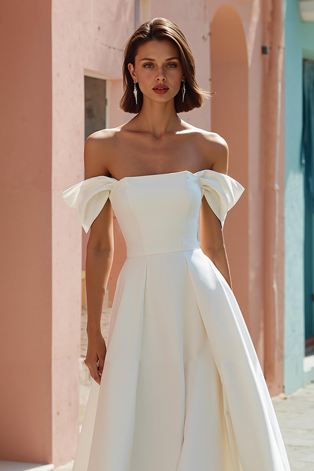 White A Line Off the Shoulder Midi Satin Engagement Dress