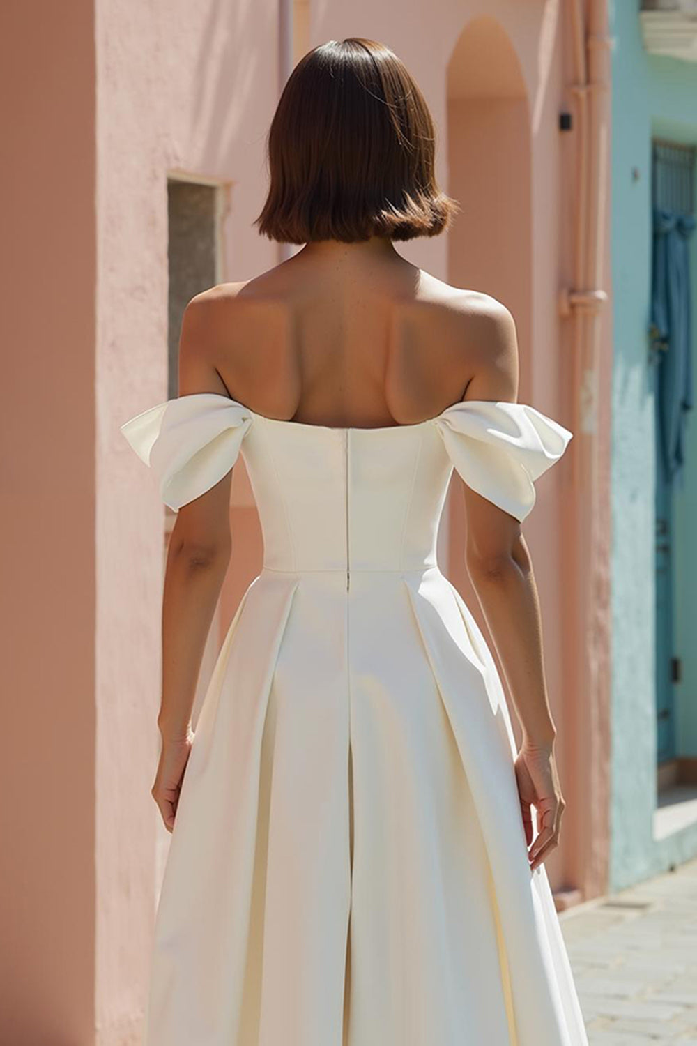 White A Line Off the Shoulder Midi Satin Engagement Dress
