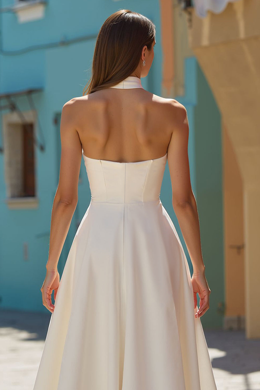 White Satin A-Line Halter Midi Engagement Dress