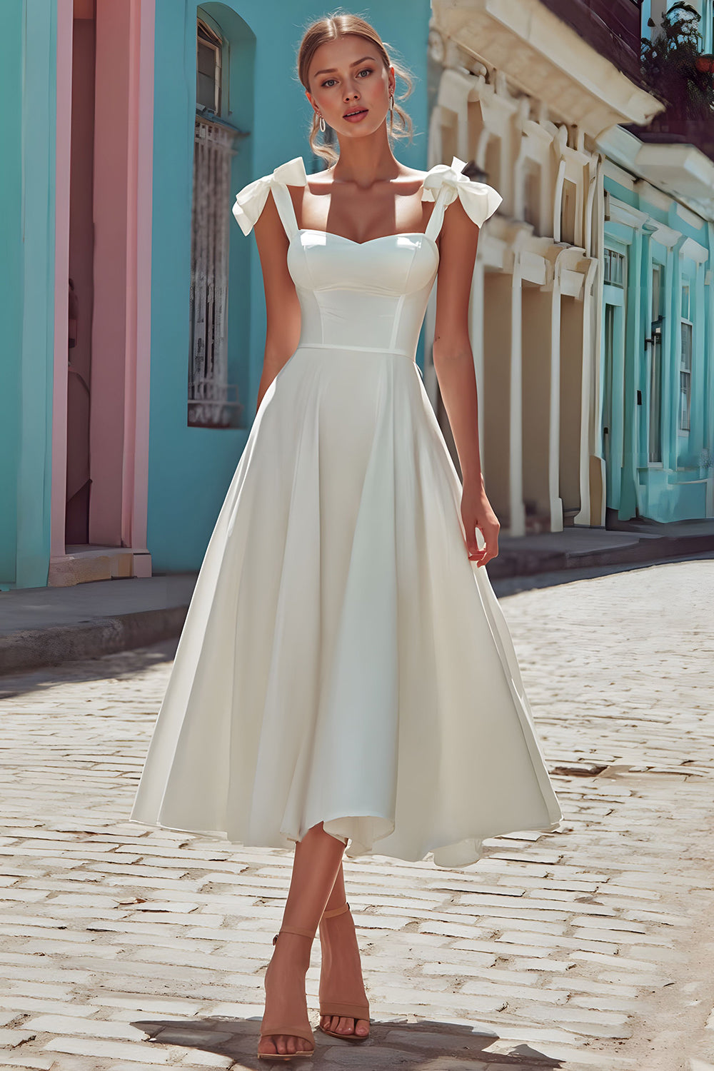 White Satin A-Line Thick Straps Midi Corset Engagement Dress with Bows