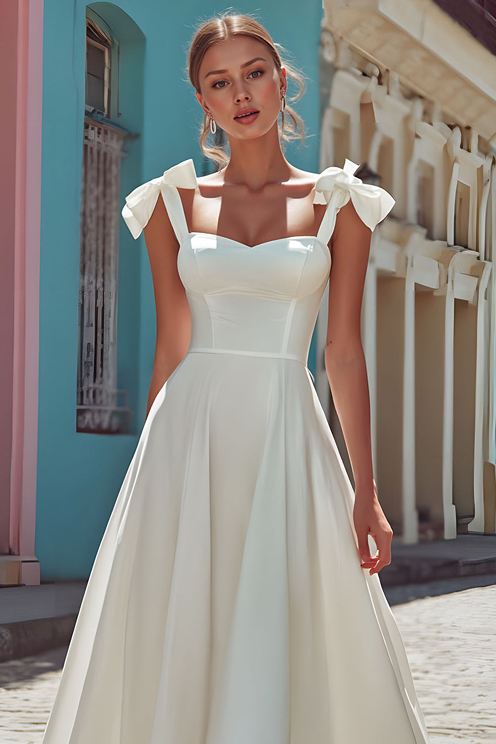 White Satin A-Line Thick Straps Midi Corset Engagement Dress with Bows
