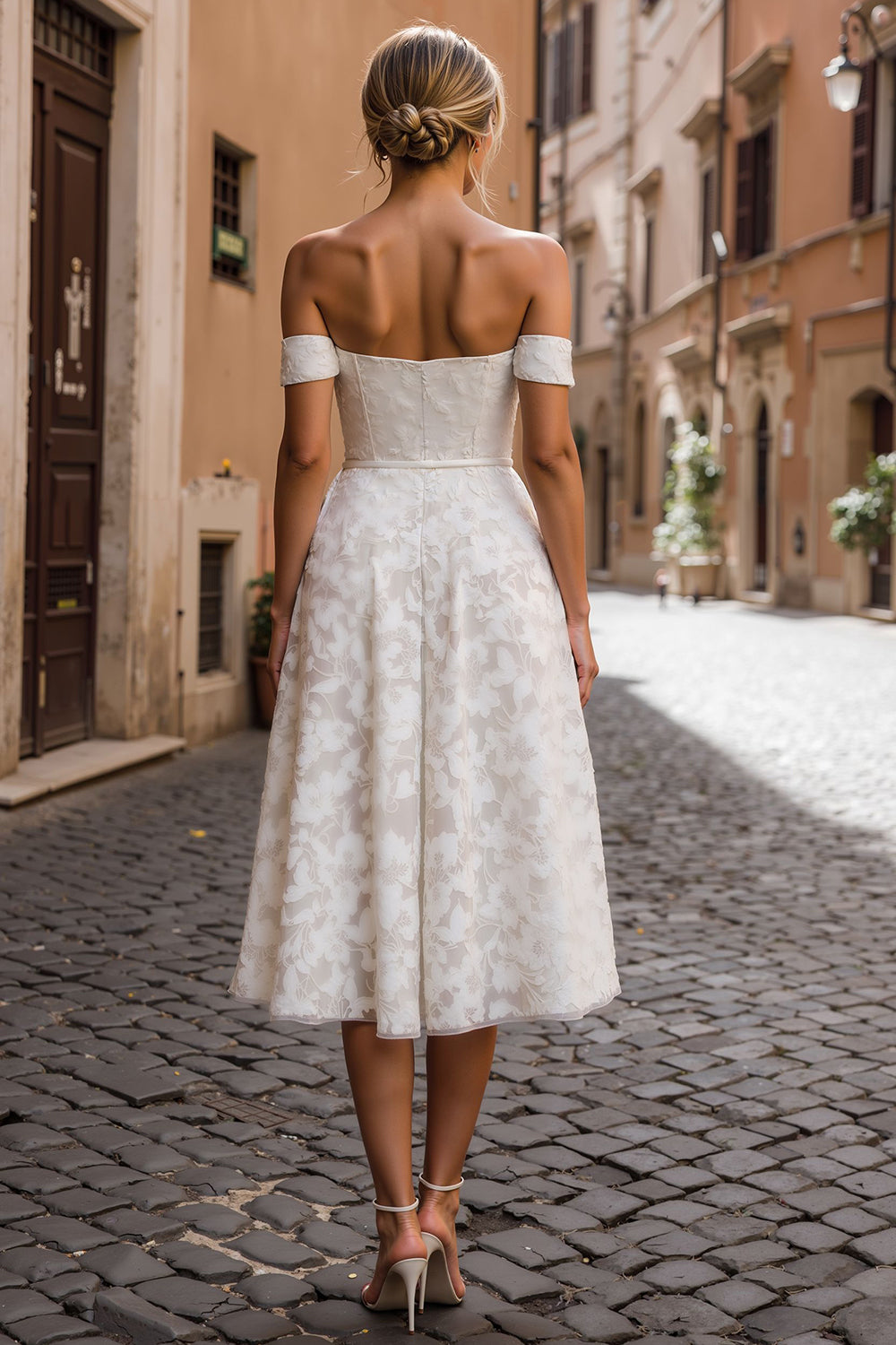 White Lace Off the Shoulder A-Line Midi Boho Engagement Dress