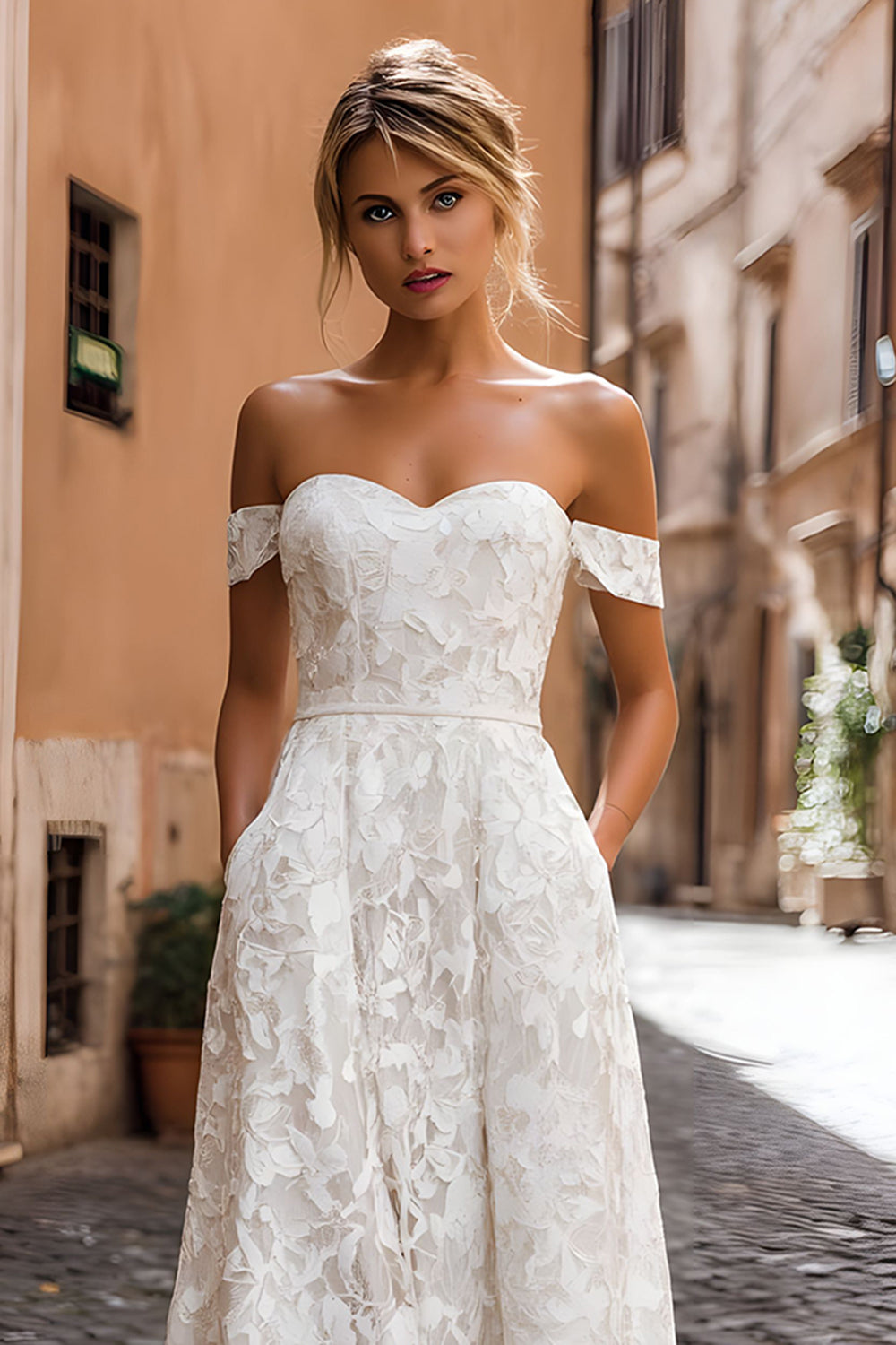 White Lace Off the Shoulder A-Line Midi Boho Engagement Dress