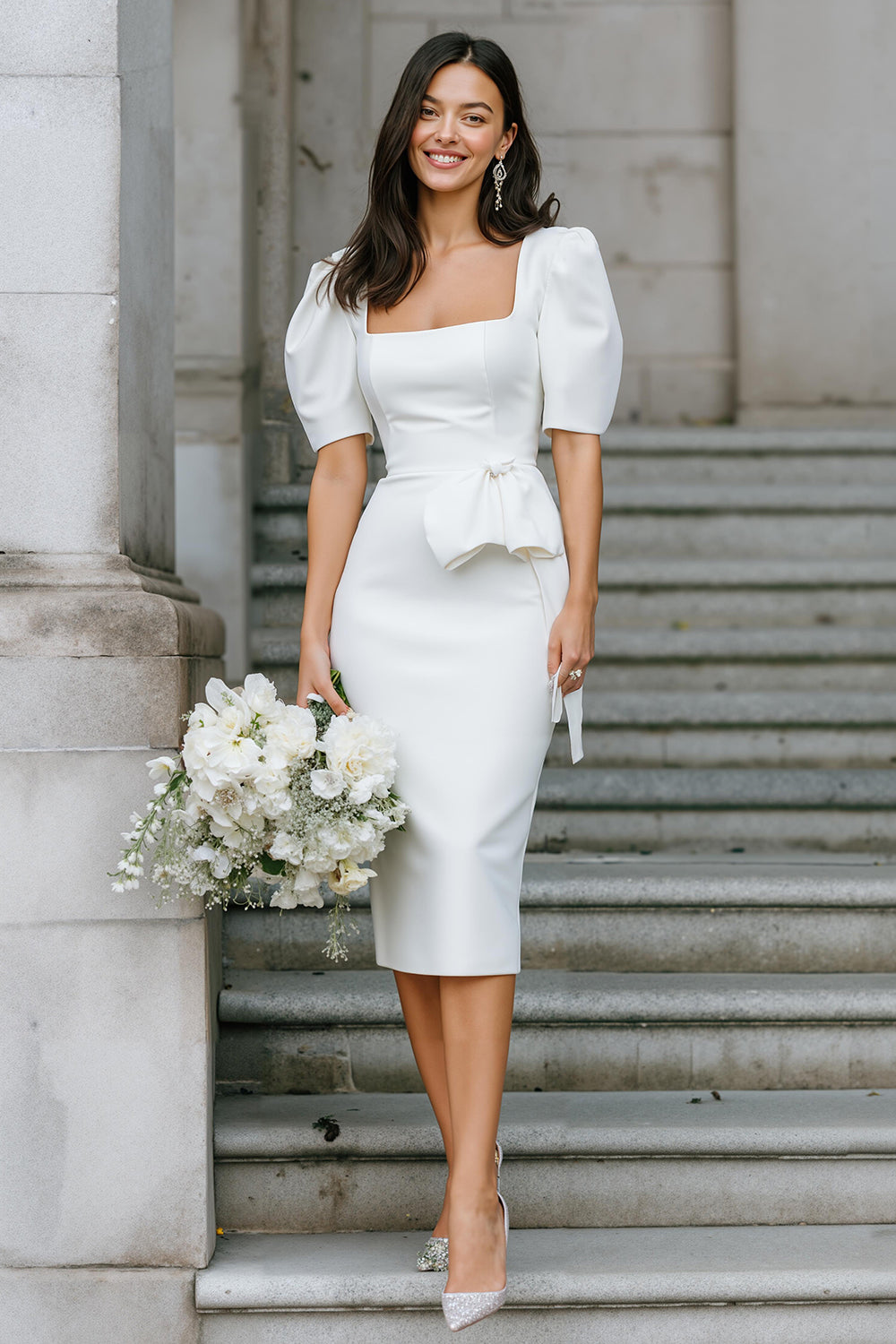 White Bodycon Satin Square Neck Midi Engagement Dress with Sleeves