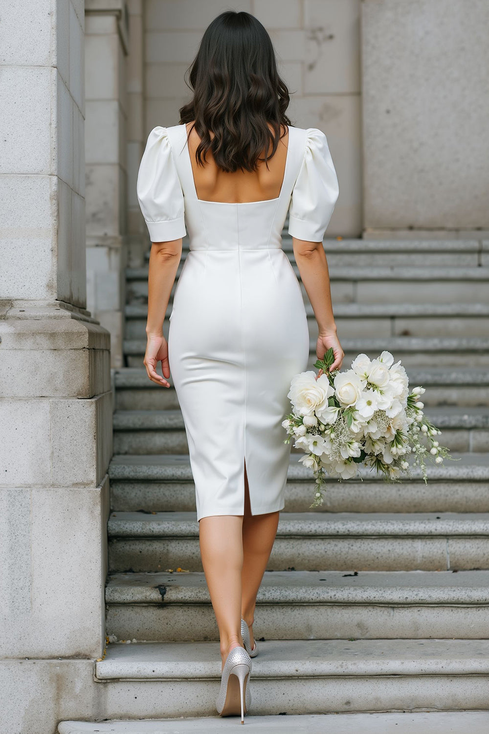 White Bodycon Satin Square Neck Midi Engagement Dress with Sleeves