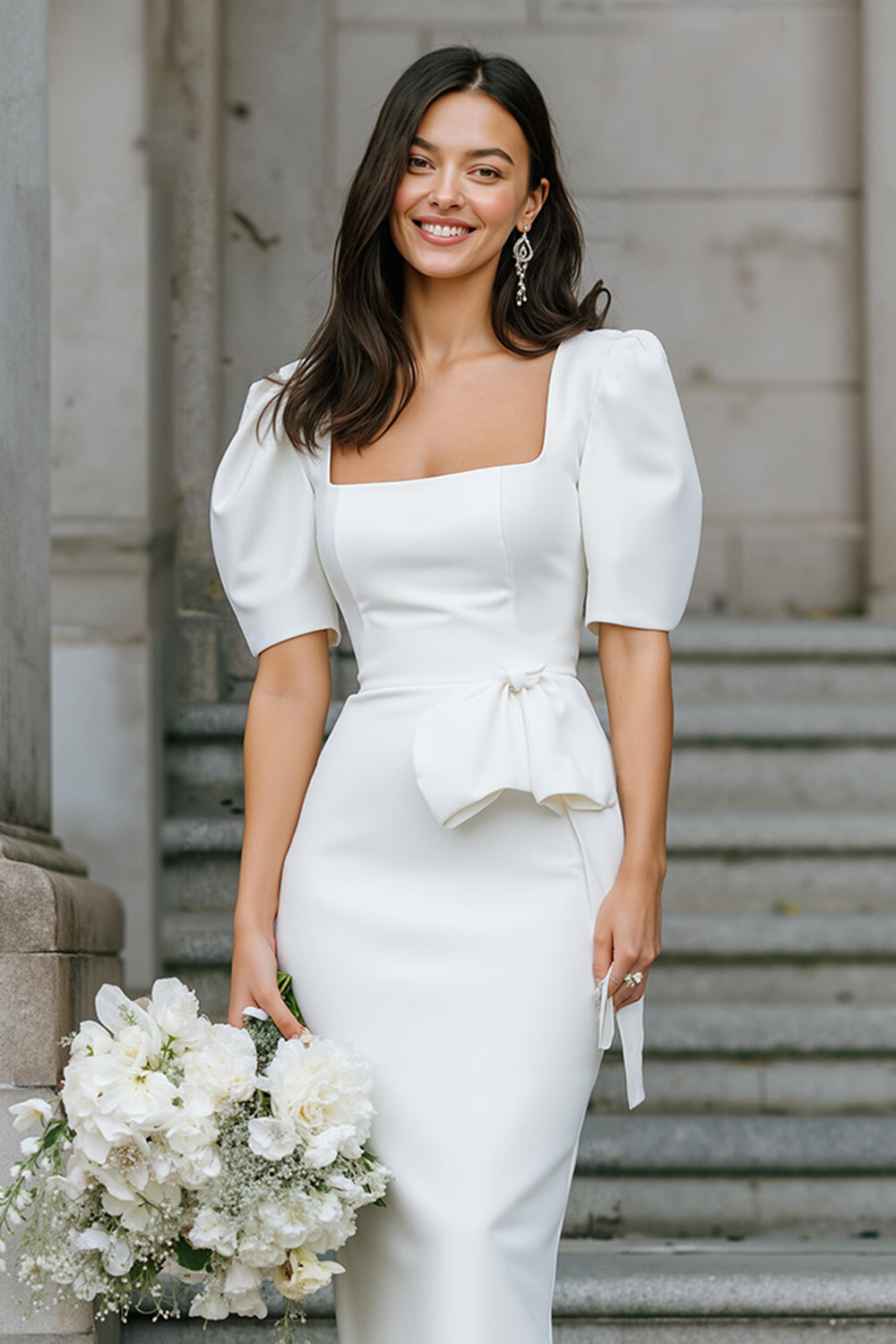 White Bodycon Satin Square Neck Midi Engagement Dress with Sleeves
