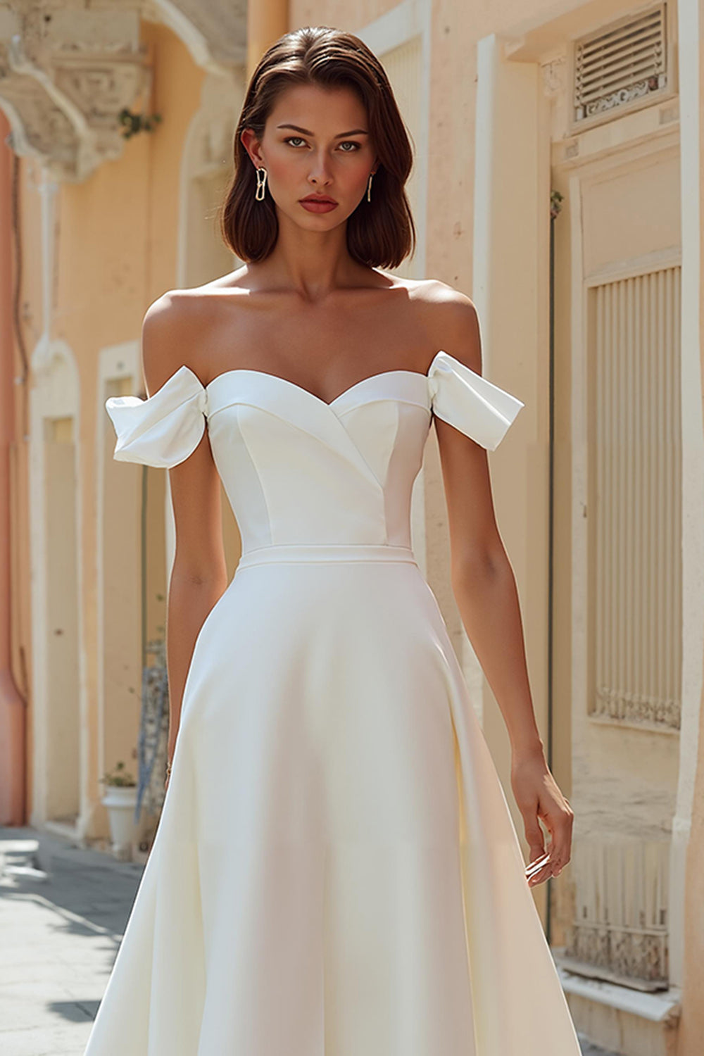White A-Line Off the Shoulder Midi Satin Engagement Dress