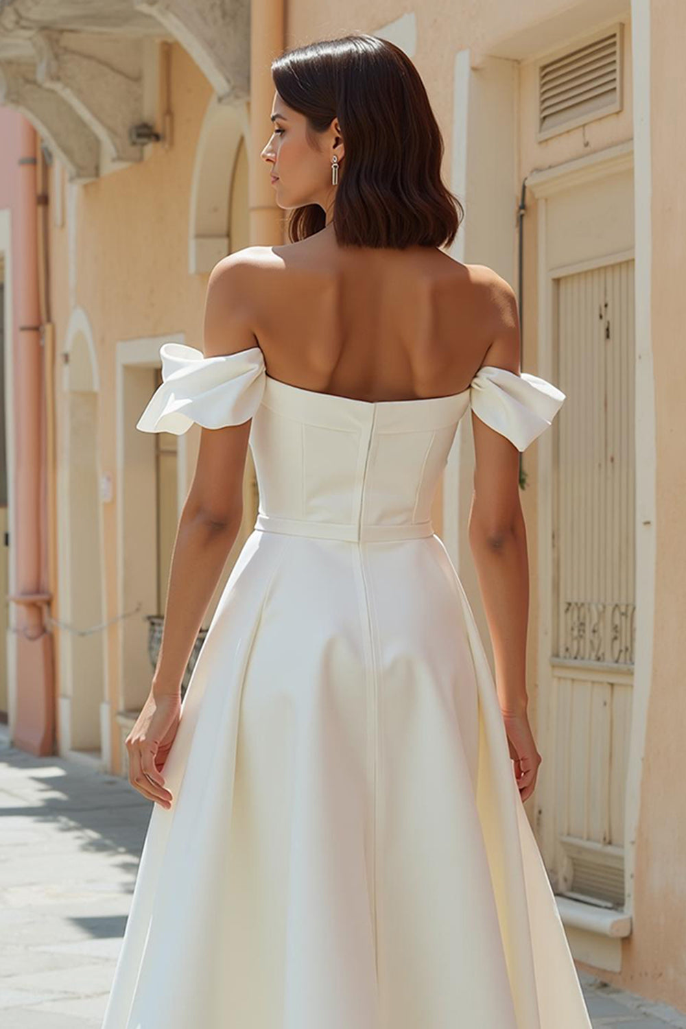 White A-Line Off the Shoulder Midi Satin Engagement Dress
