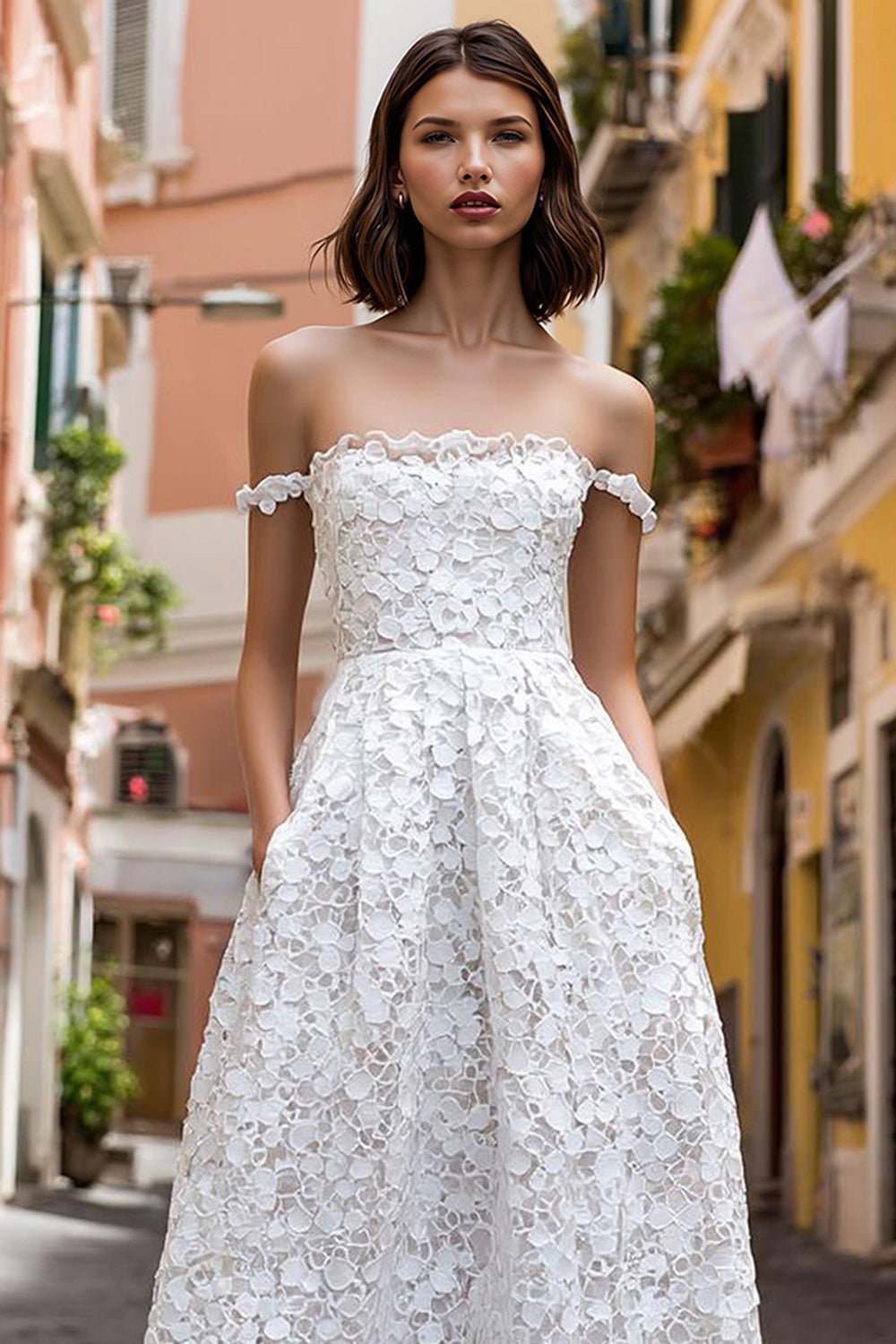 White A Line Off the Shoulder Midi Lace Engagement Dress
