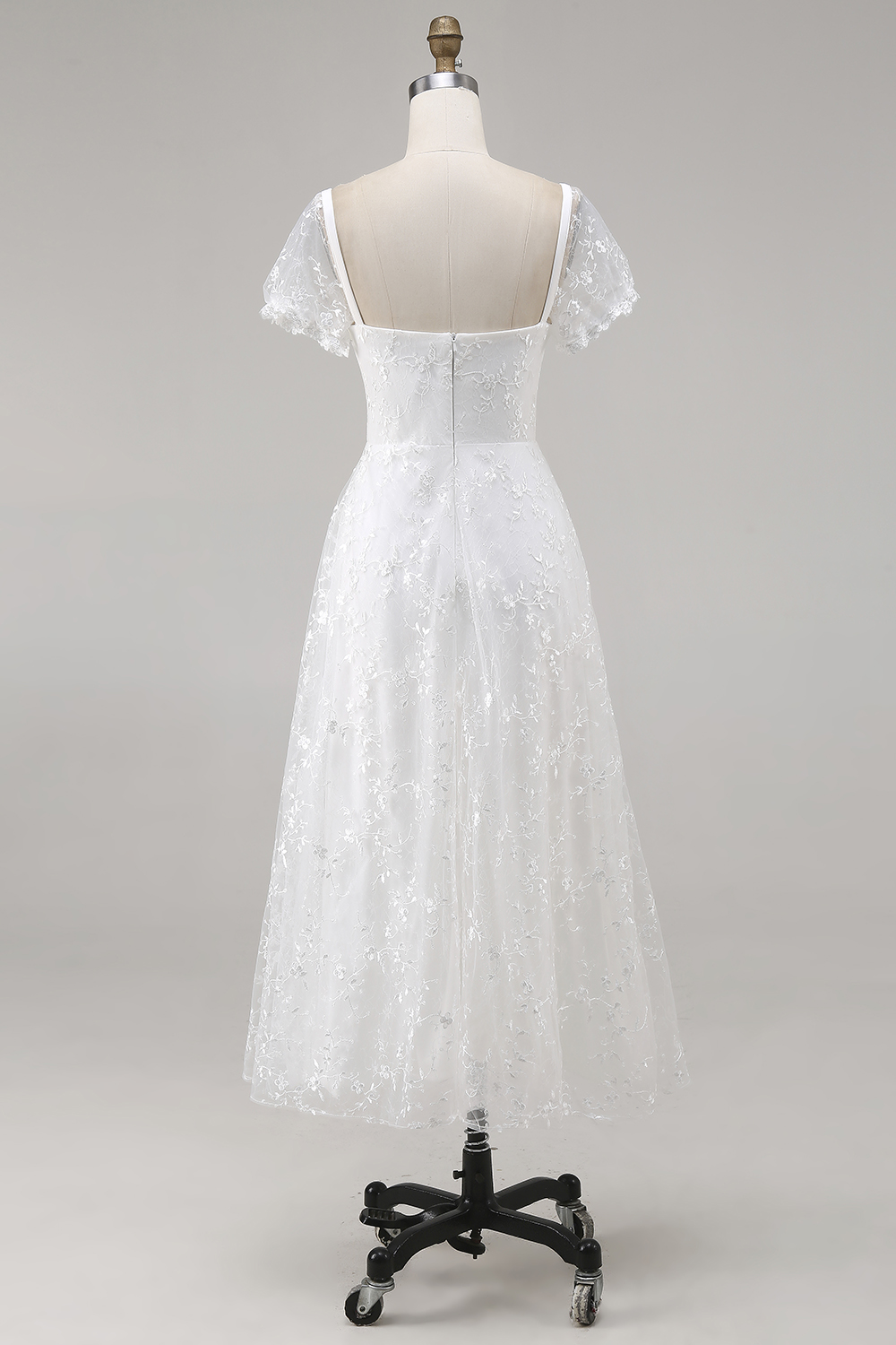 Ivory Lace Sheath Square Neck Midi Wedding Reception Dress with Sleeves