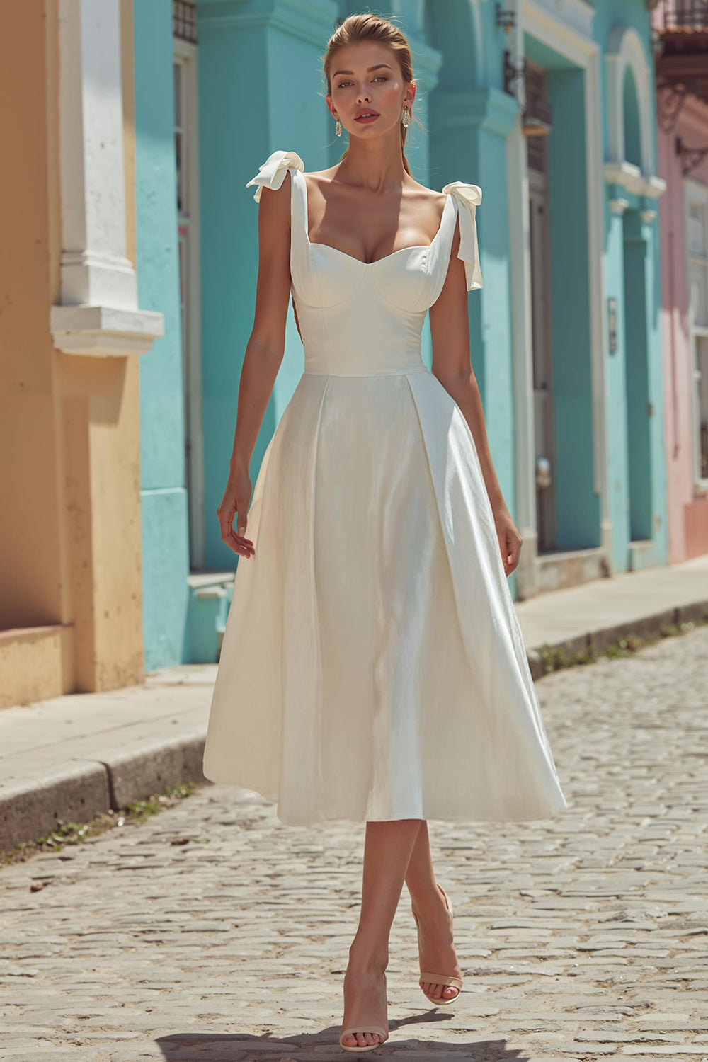 White Satin A-Line Thick Straps Midi Engagement Dress with Bows