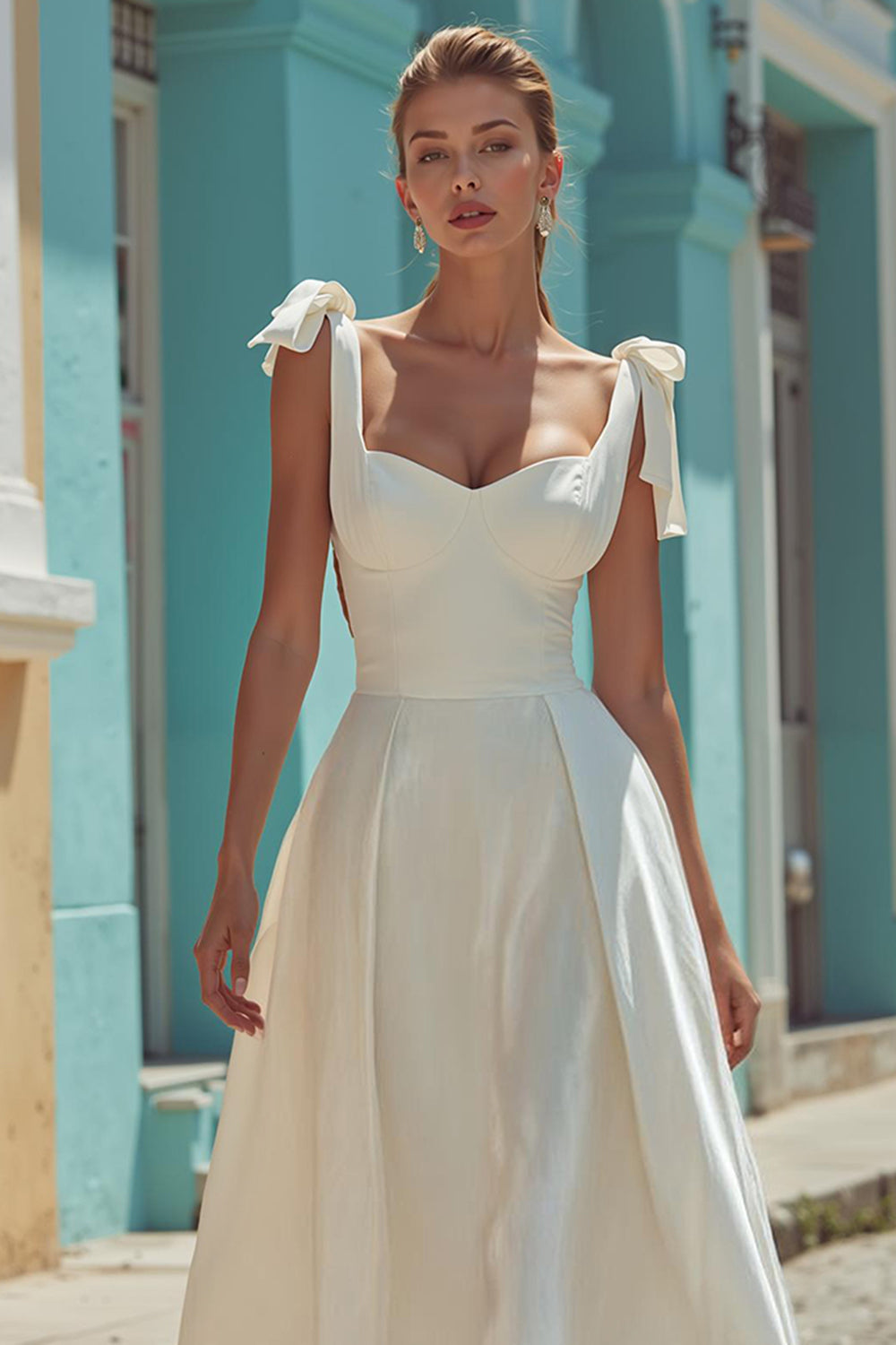 White Satin A-Line Thick Straps Midi Engagement Dress with Bows