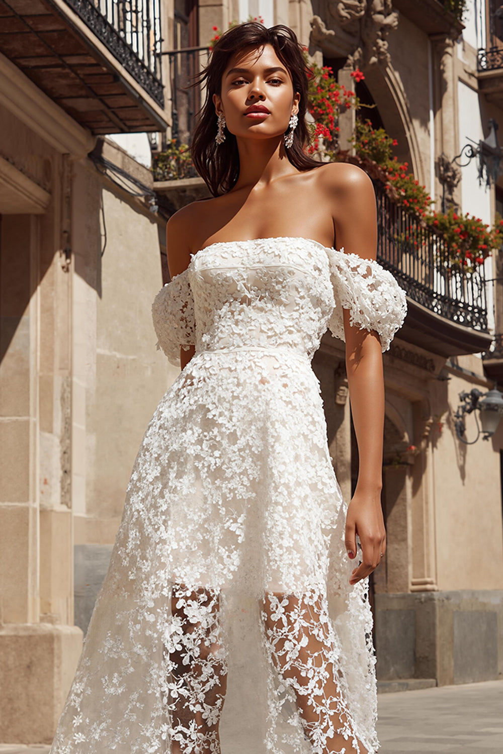 Ivory Lace A Line Off the Shoulder Midi Bridal Shower Dress