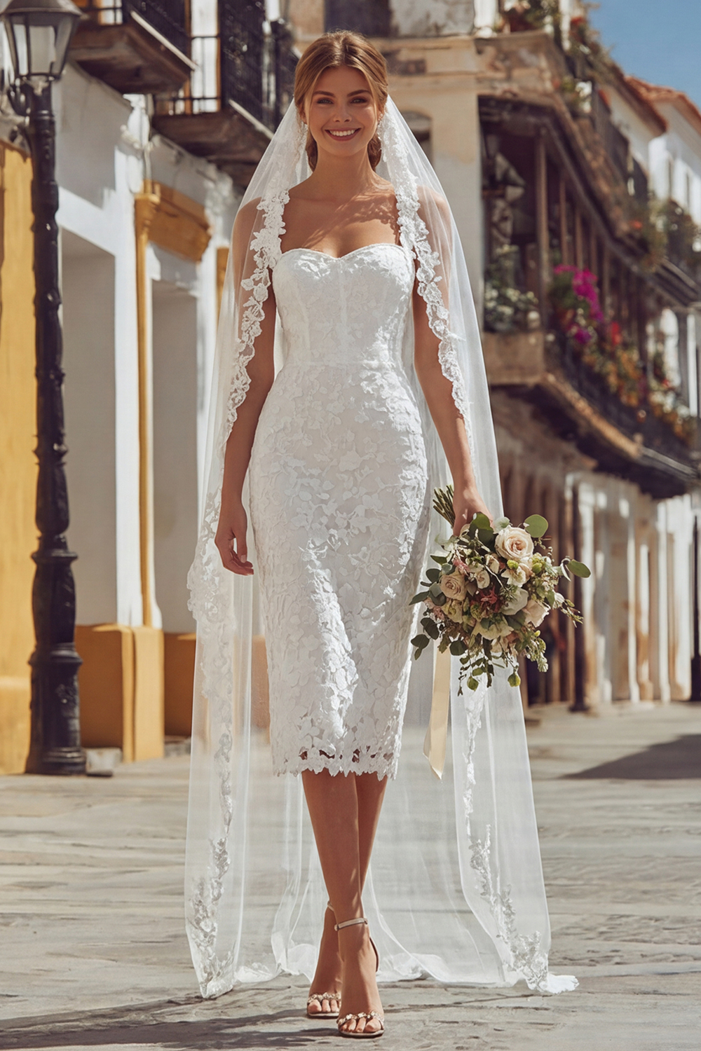 Elegant Ivory Lace Bodycon Thick Straps Midi Wedding Reception Dress