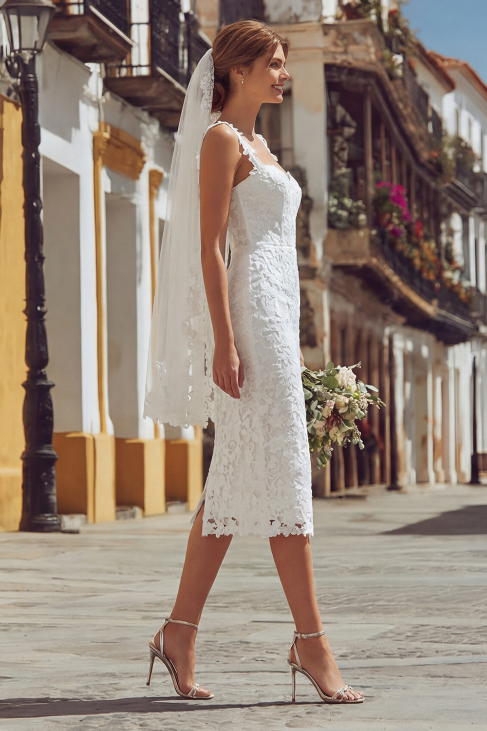 Elegant Ivory Lace Bodycon Thick Straps Midi Wedding Reception Dress