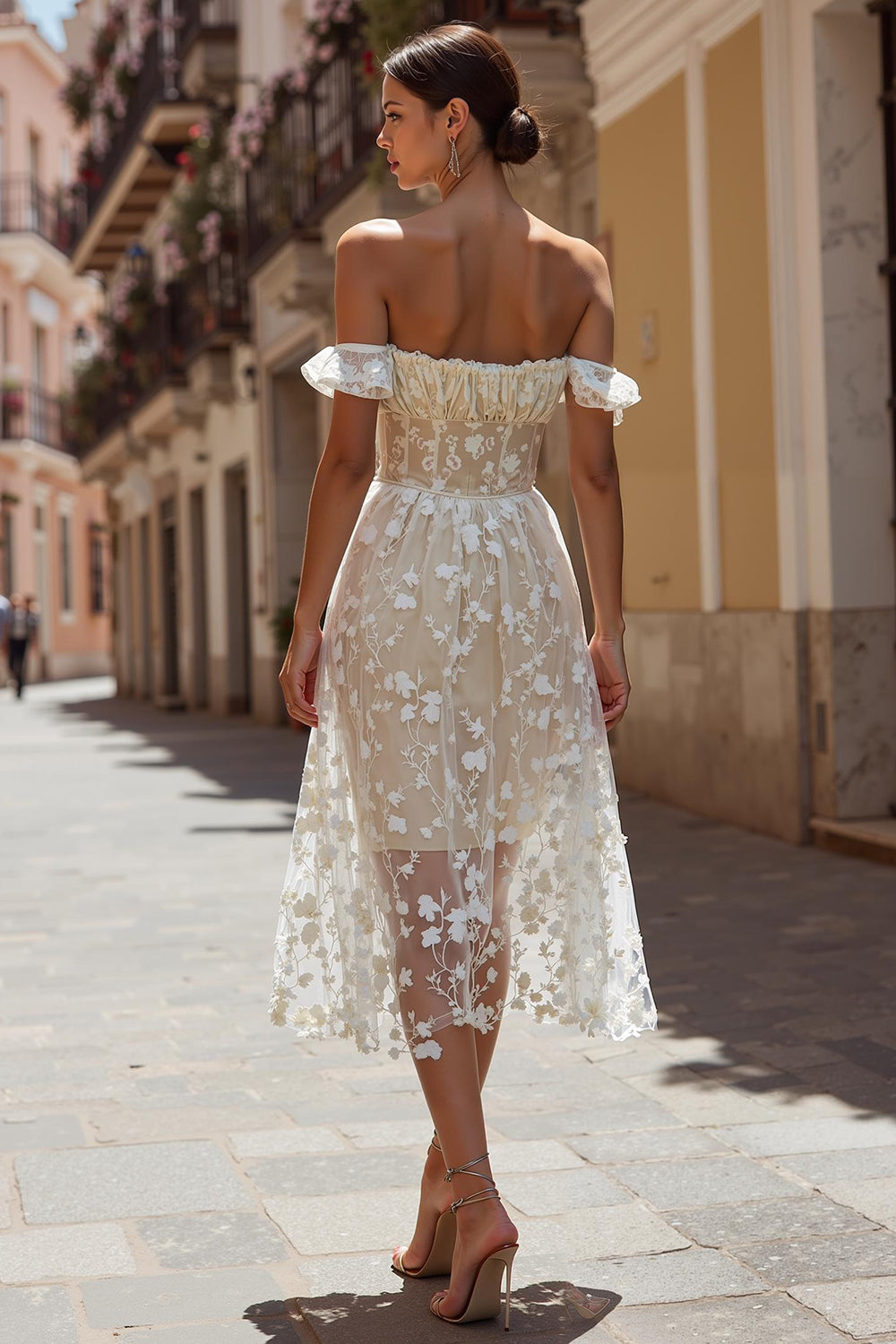 Floral Ivory Off the Shoulder Midi Bodo Wedding Reception Dress