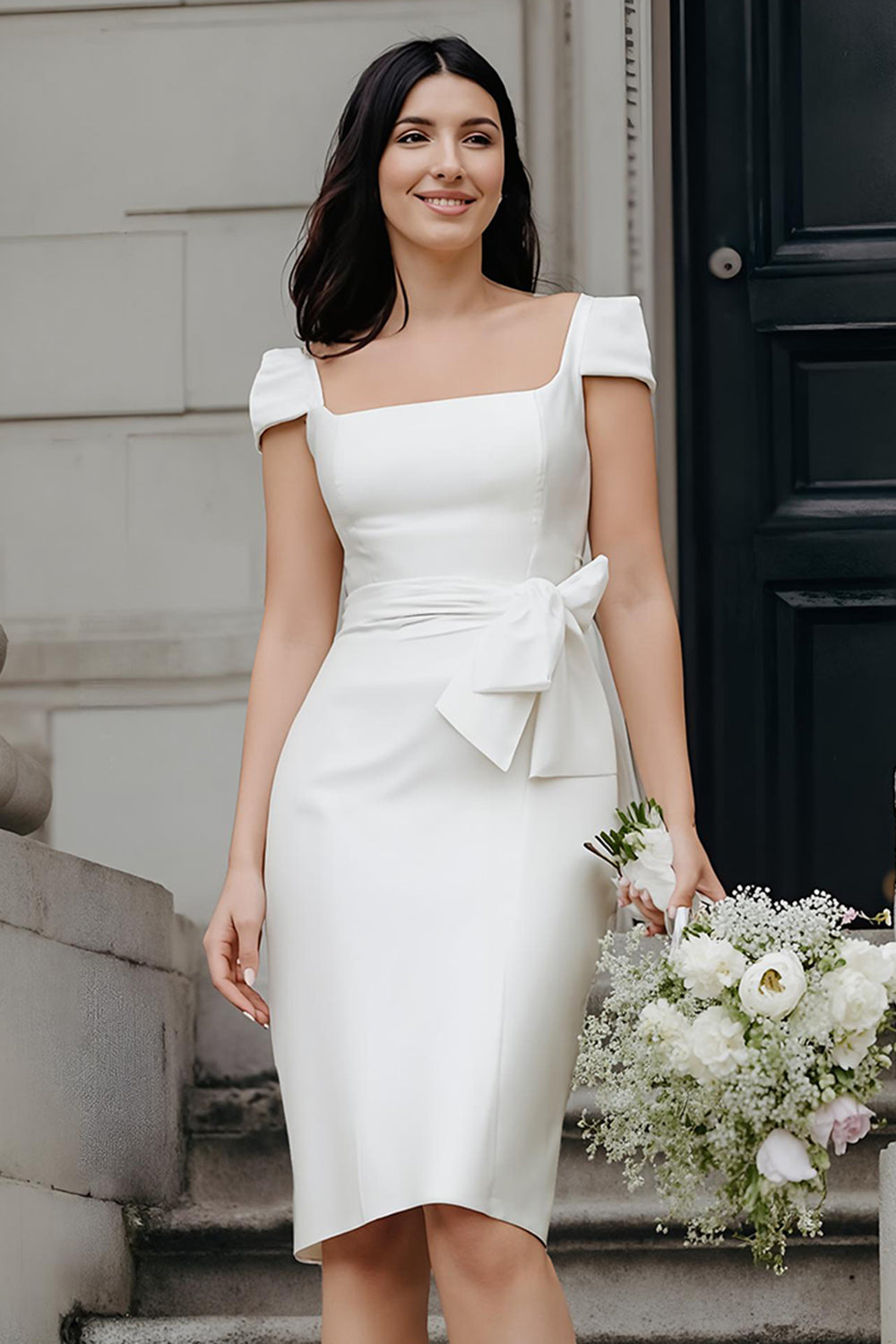 White Satin Square Neck Bodycon Midi Wedding Reception Dress with Sleeves
