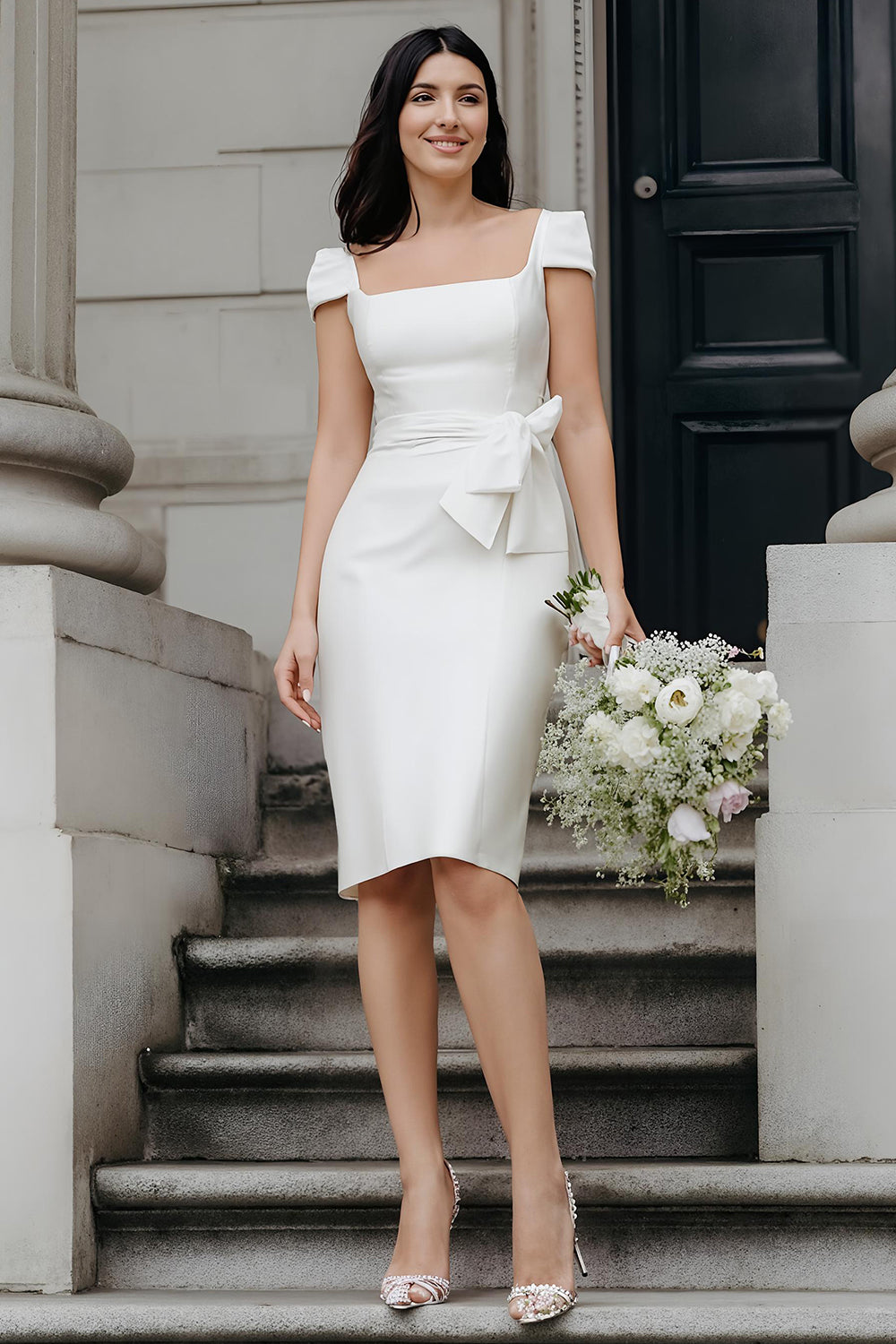 White Satin Square Neck Bodycon Midi Wedding Reception Dress with Sleeves