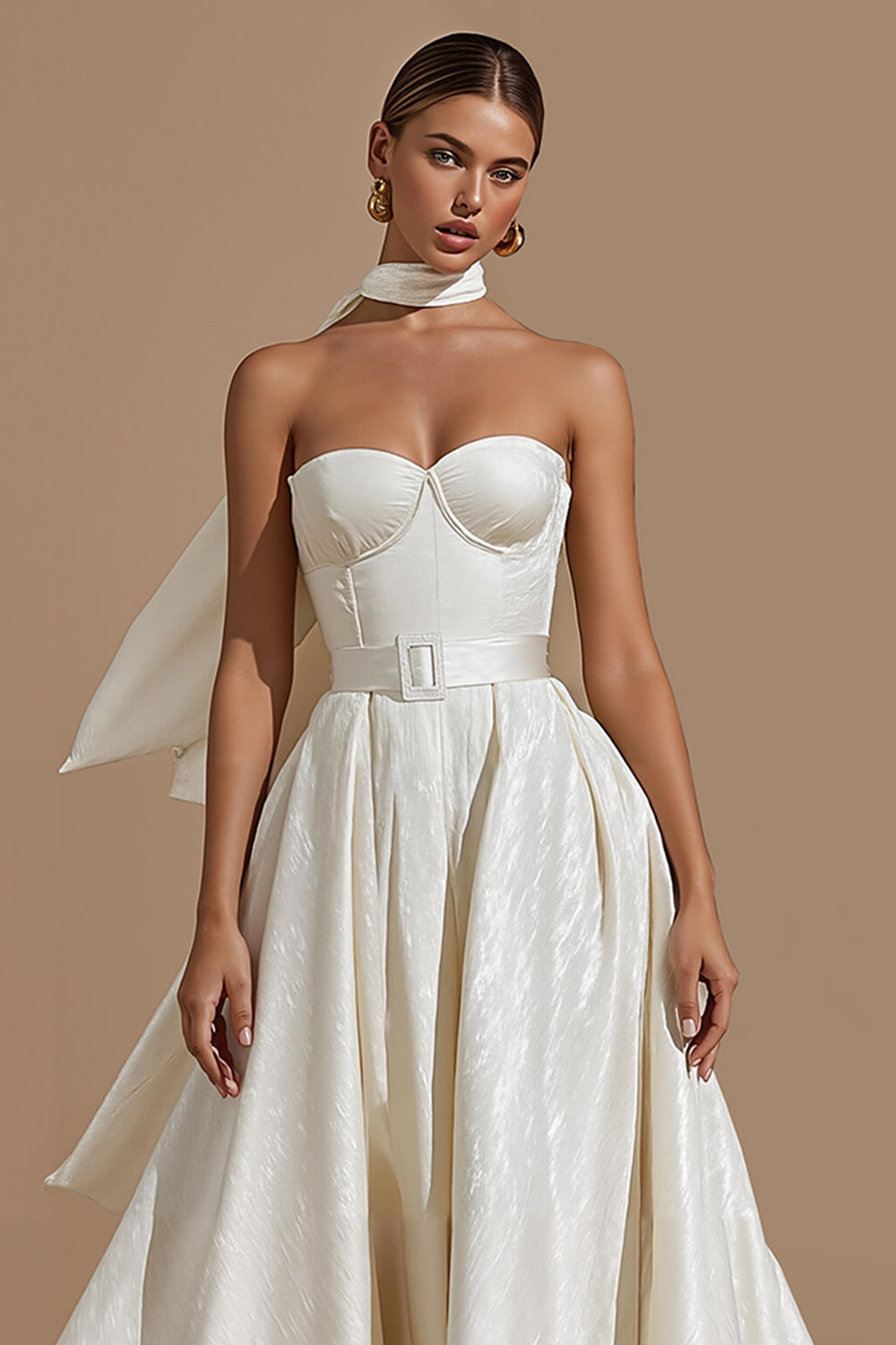 White A-Line Satin Sweetheart Midi Engagement Dress with Belt