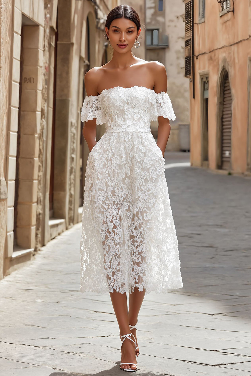 White Lace A-Line Off the Shoulder Midi Boho Engagement Dress