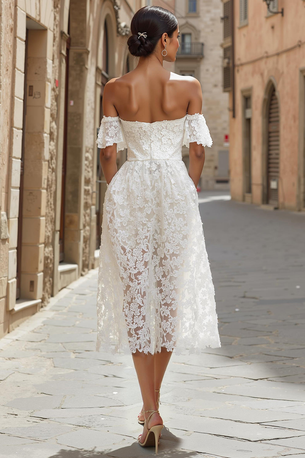 White Lace A-Line Off the Shoulder Midi Boho Engagement Dress