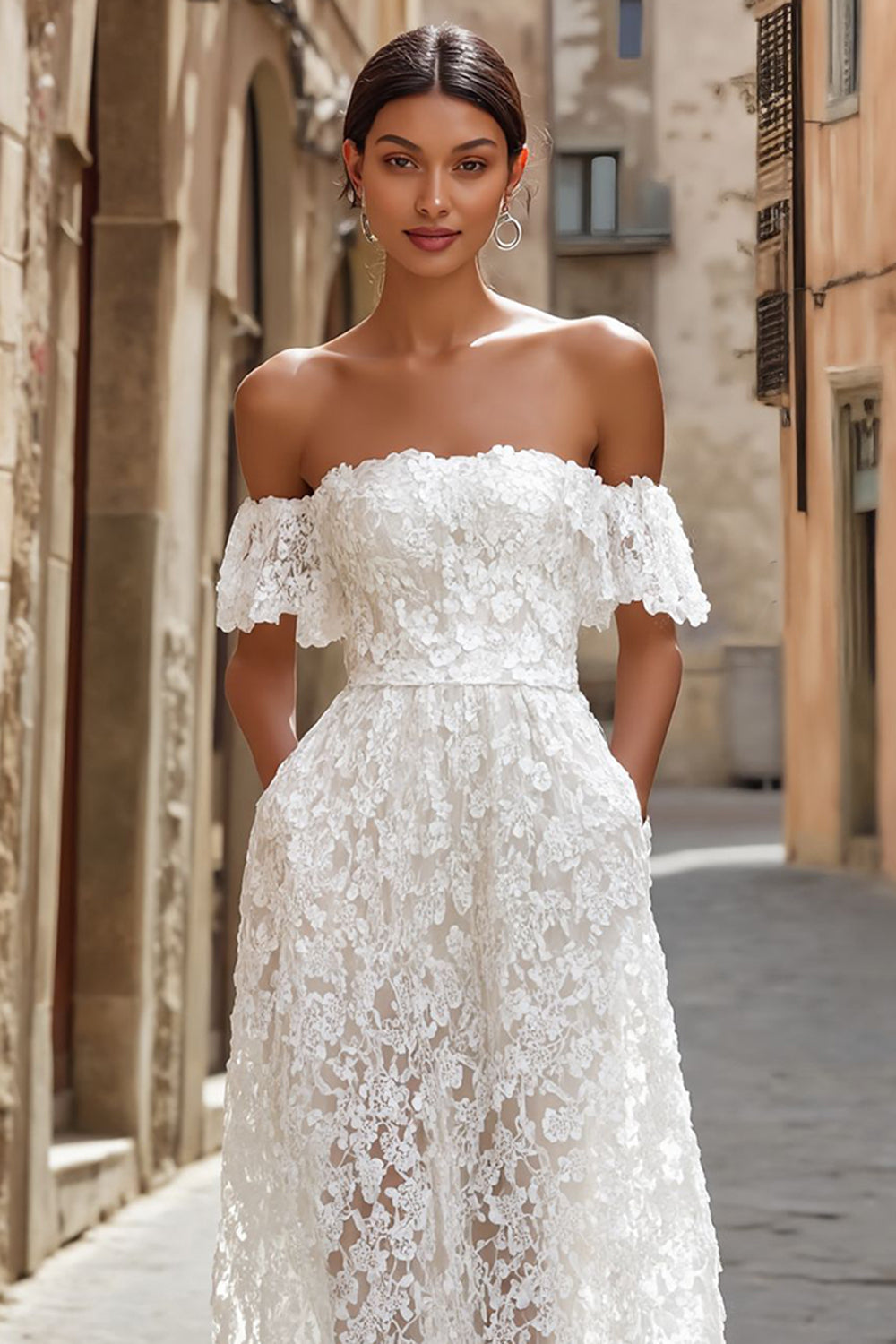 White Lace A-Line Off the Shoulder Midi Boho Engagement Dress