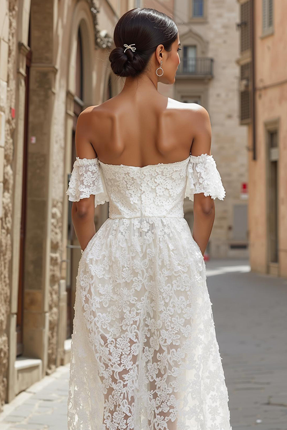 White Lace A-Line Off the Shoulder Midi Boho Engagement Dress