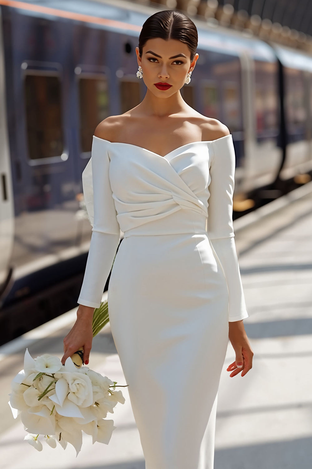 White Bodycon Off the Shoulder Ruched Midi Satin Engagement Dress with Bow