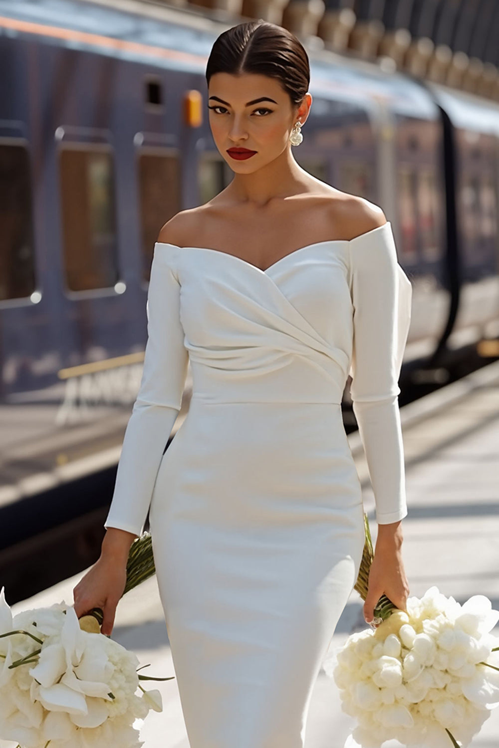 White Bodycon Off the Shoulder Ruched Midi Satin Engagement Dress with Bow