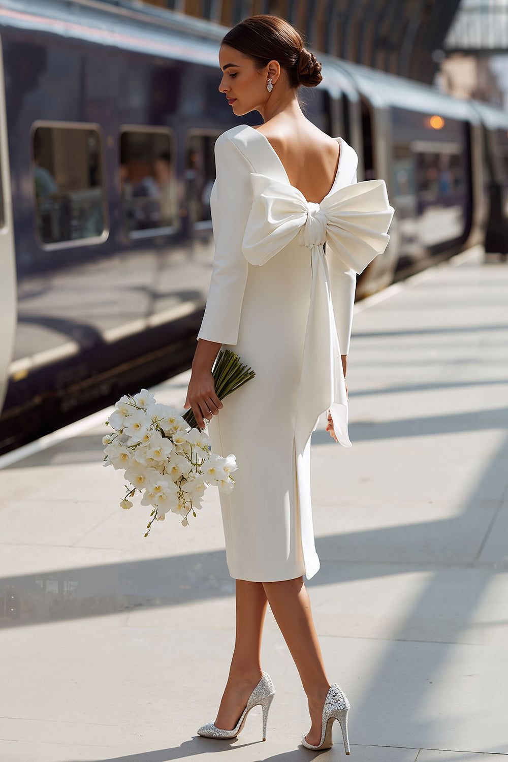 White Bodycon Round Neck Long Sleeves Midi Engagement Dress with Bow
