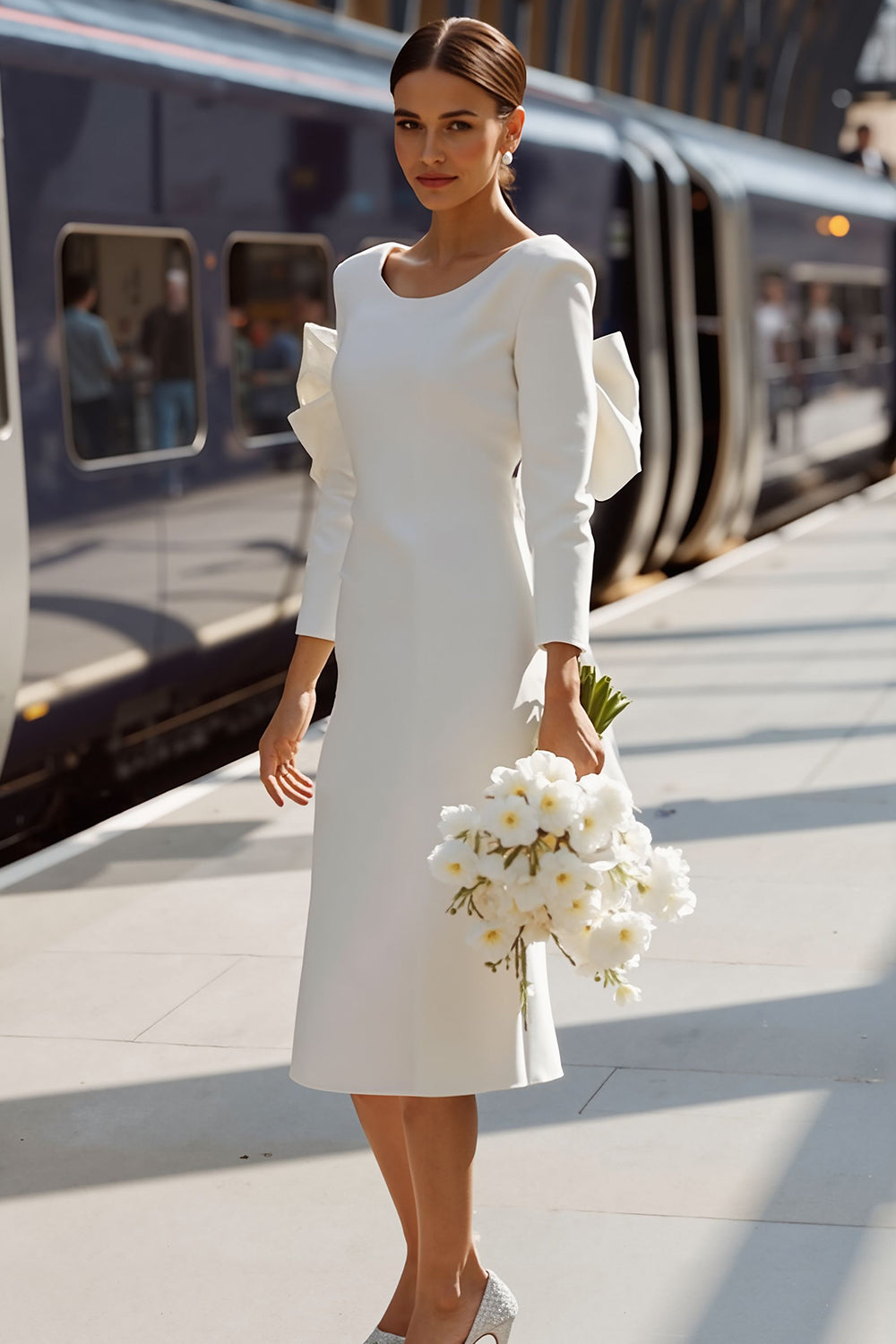 White Bodycon Round Neck Long Sleeves Midi Engagement Dress with Bow