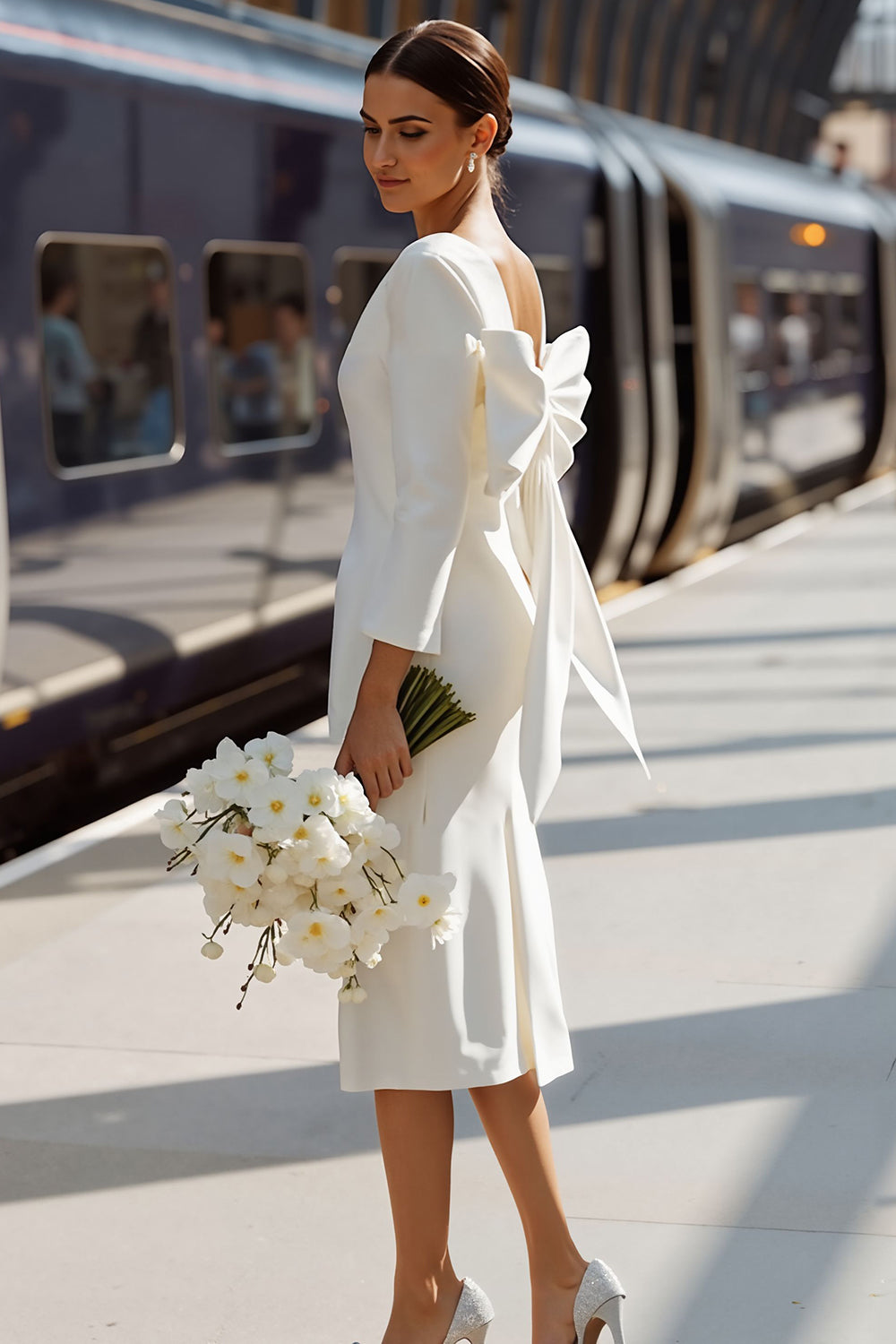 White Bodycon Round Neck Long Sleeves Midi Engagement Dress with Bow