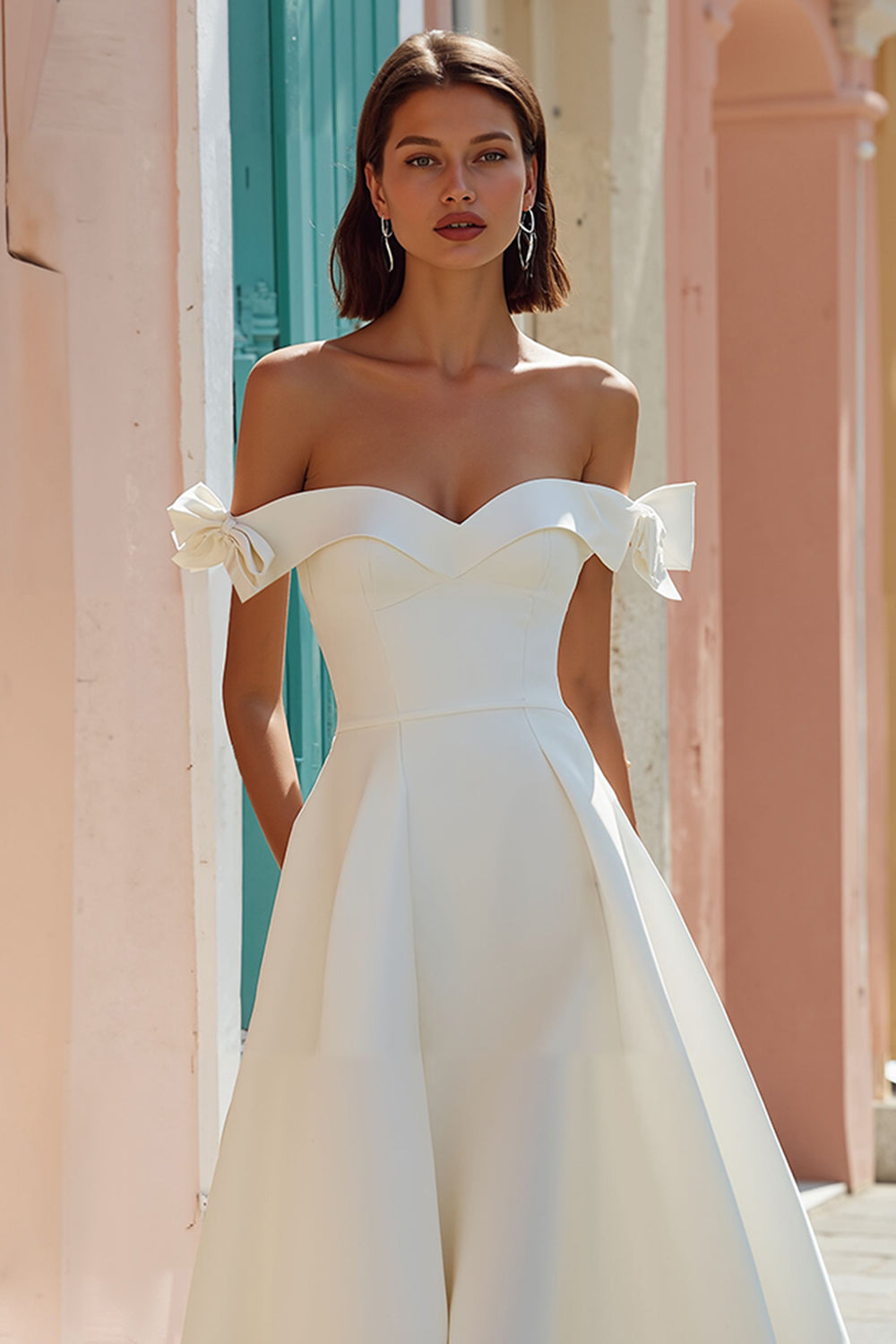 White A-Line Satin Off the Shoulder Midi Engagement Dress with Bows