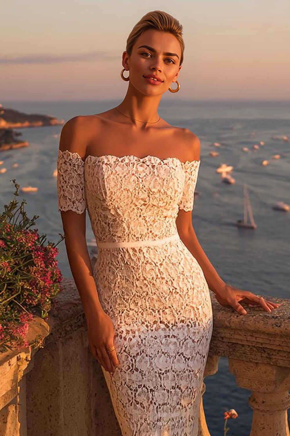 Ivory Lace Off the Shoulder Bodycon Midi Boho Engagement Dress