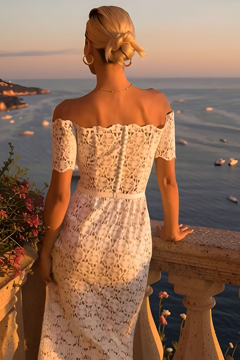 Ivory Lace Off the Shoulder Bodycon Midi Boho Engagement Dress