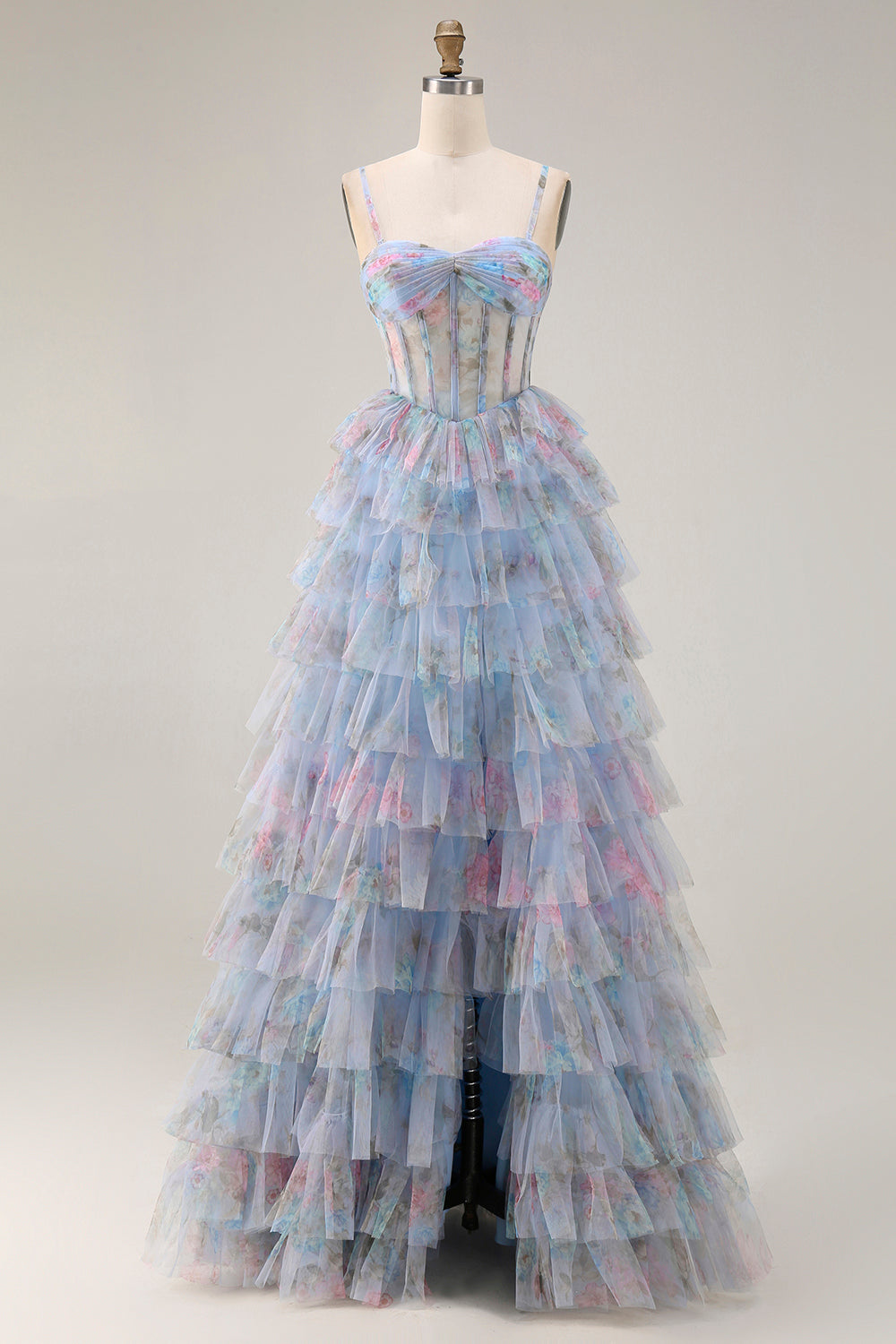 Floral Blue Ball Gown Corset Tiered Long Prom Dress with Slit