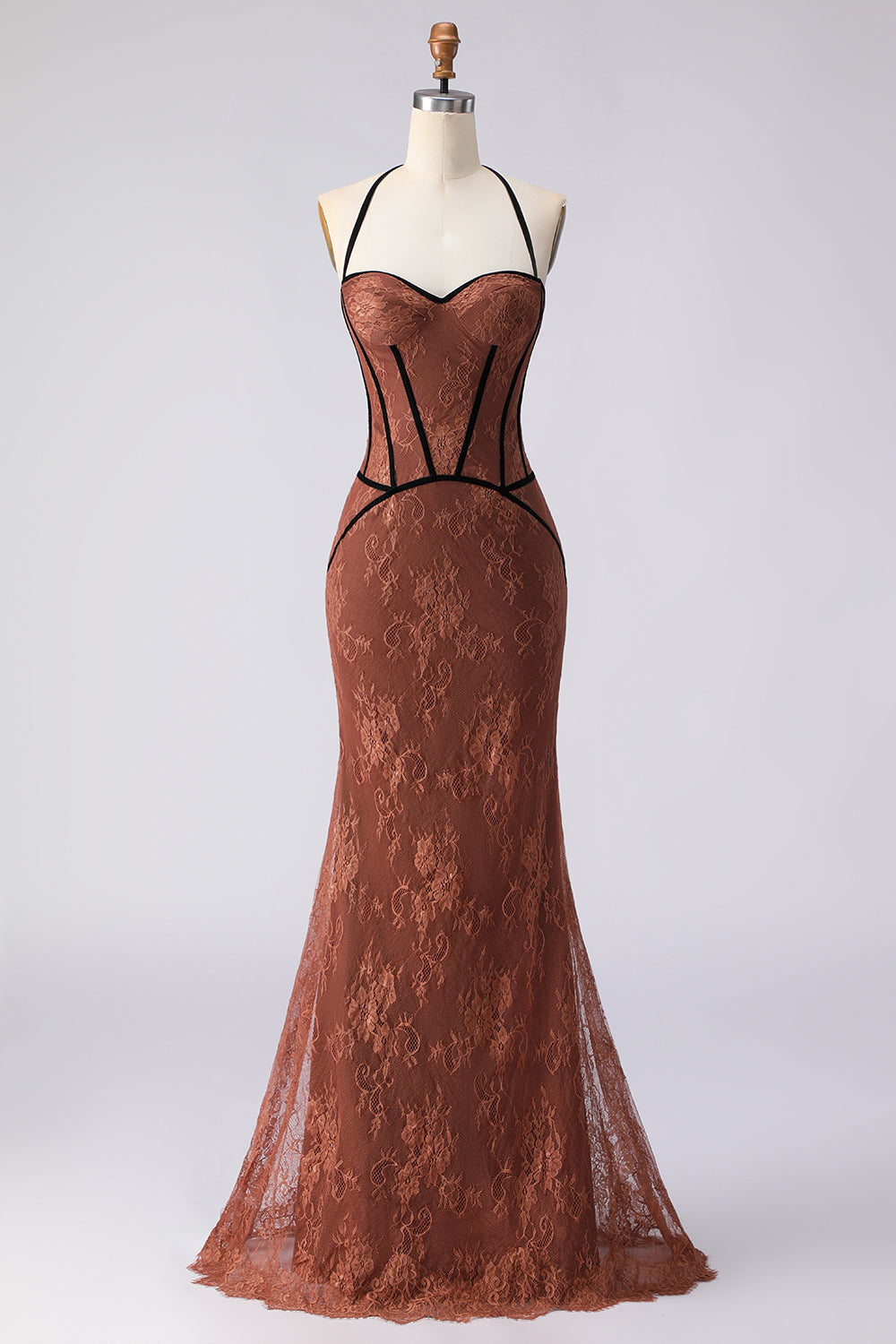 Elegant Brown Corset Mermaid Halter Long Lace Prom Dress
