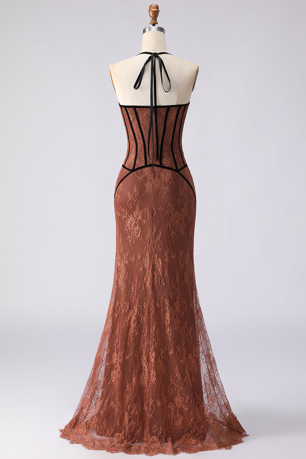 Elegant Brown Corset Mermaid Halter Long Lace Prom Dress