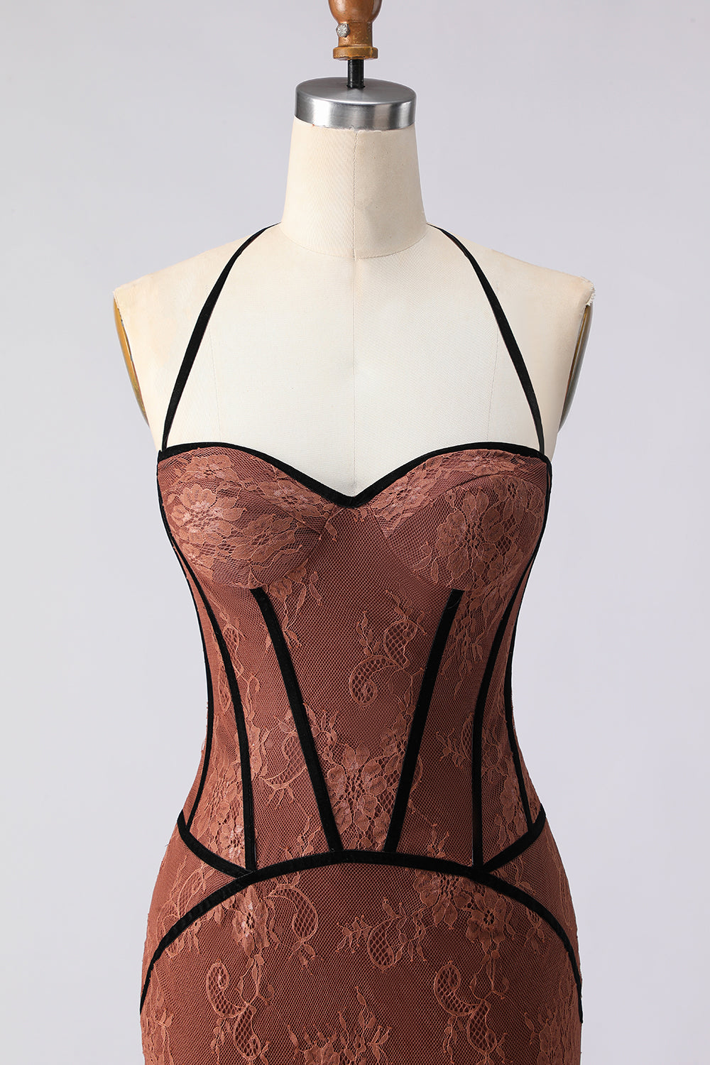 Elegant Brown Corset Mermaid Halter Long Lace Prom Dress