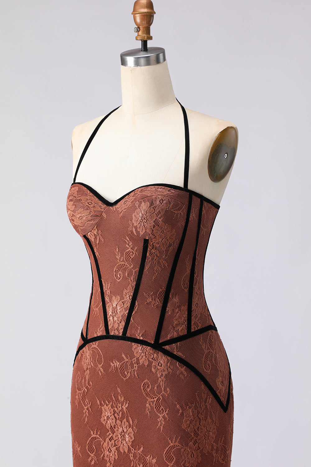 Elegant Brown Corset Mermaid Halter Long Lace Prom Dress