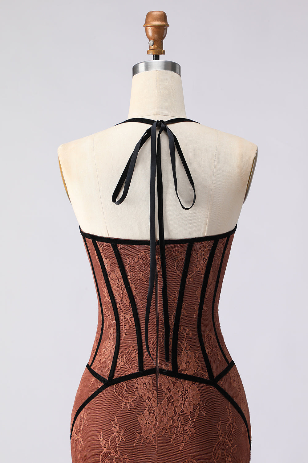 Elegant Brown Corset Mermaid Halter Long Lace Prom Dress