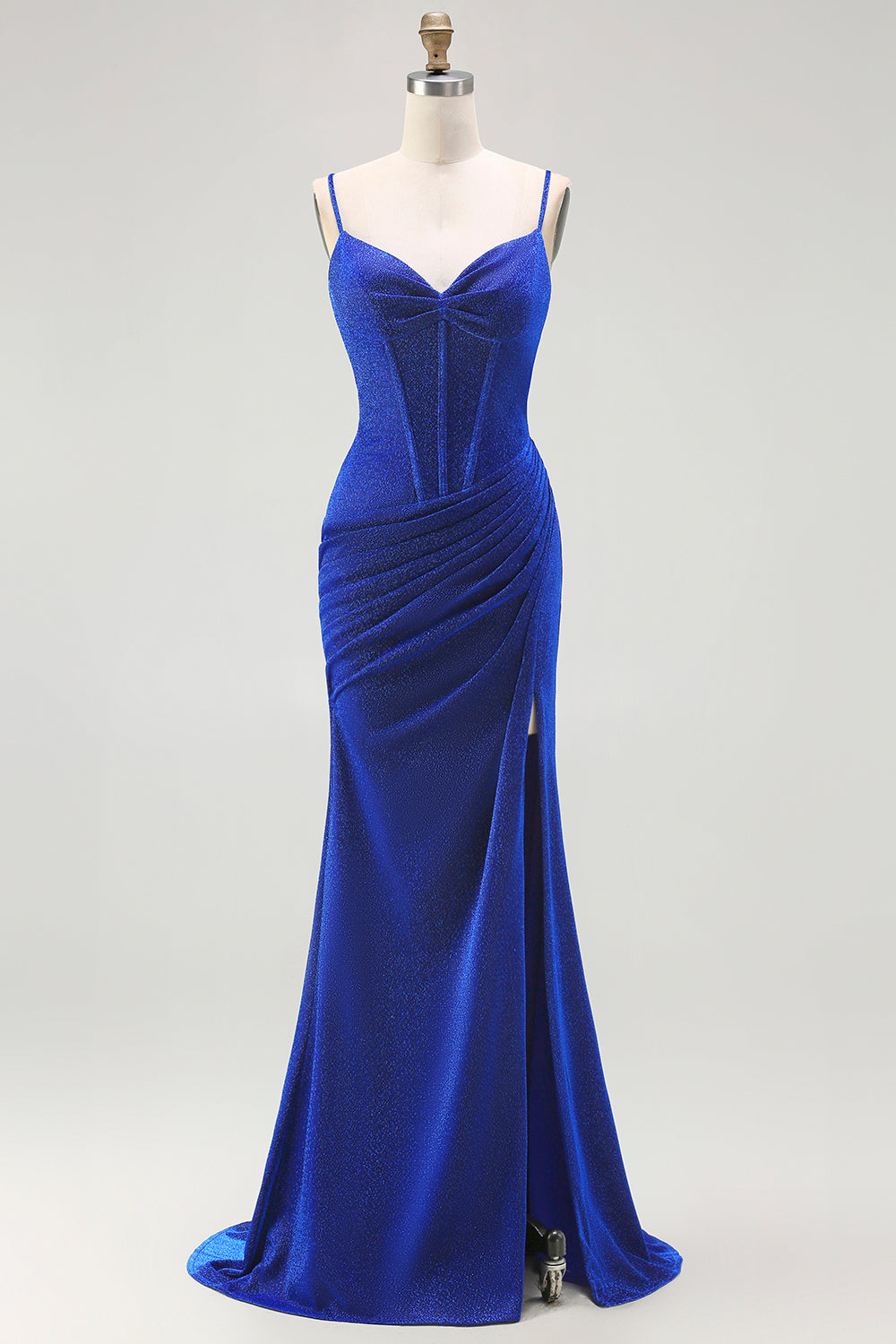 Royal Blue Mermaid Spaghetti Straps Ruched Long Corset Prom Dress with Slit