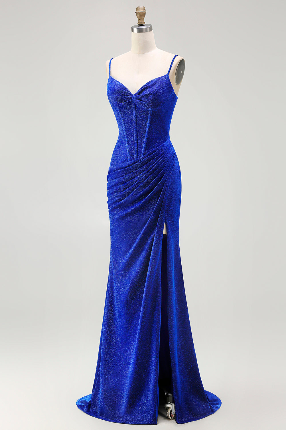 Royal Blue Mermaid Spaghetti Straps Ruched Long Corset Prom Dress with Slit