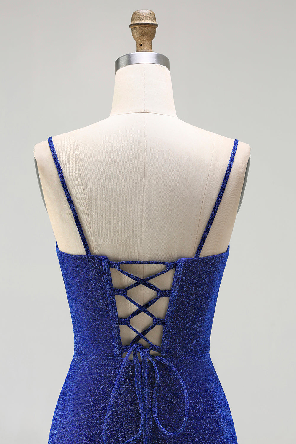 Royal Blue Mermaid Spaghetti Straps Ruched Long Corset Prom Dress with Slit